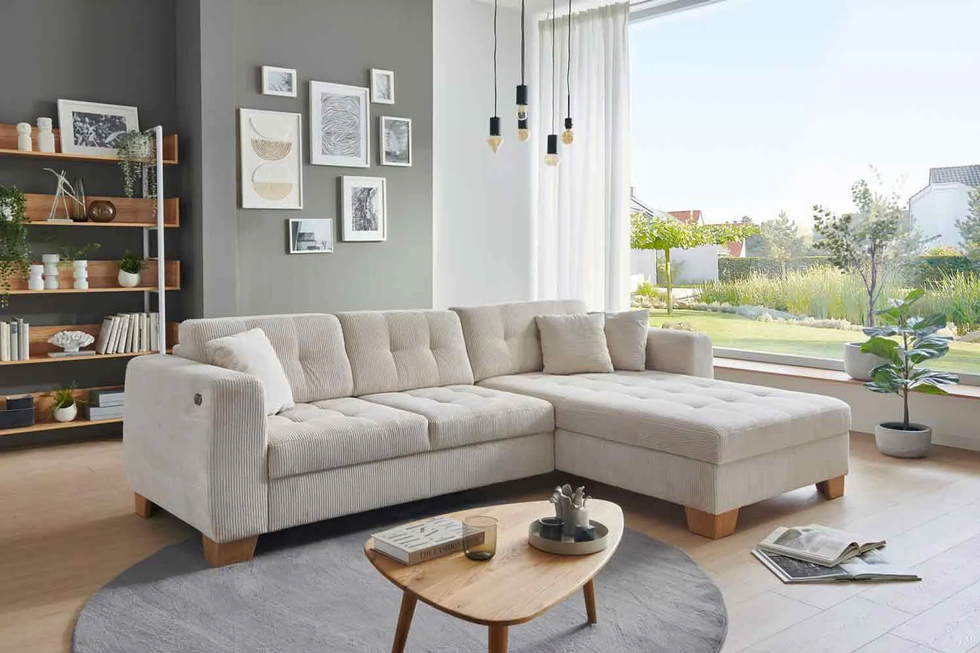 Ecksofa Milo mit motor Sitzvorzug und Bettkasten Cord