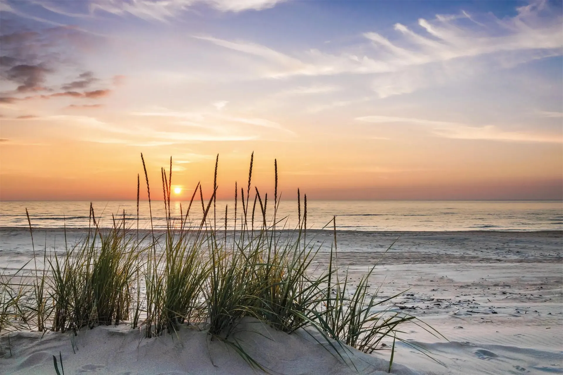 Keilrahmen-Bild SONNENUNTERGANG AM STRAND - blau-orange - 90x60 cm