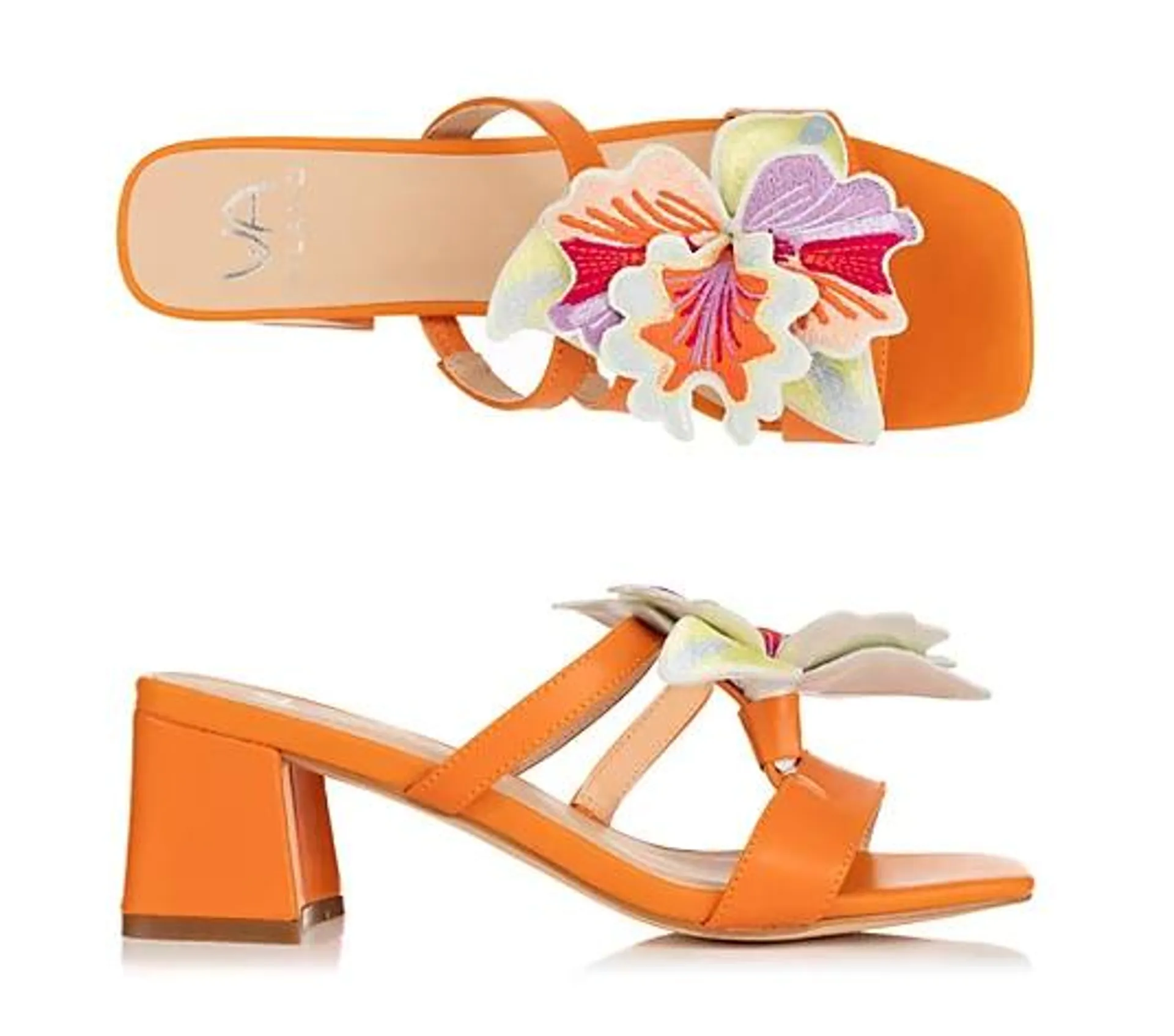 VIA MILANO Damen-Sandalette echt Leder Blumen Detail Blockabsatz ca.6cm