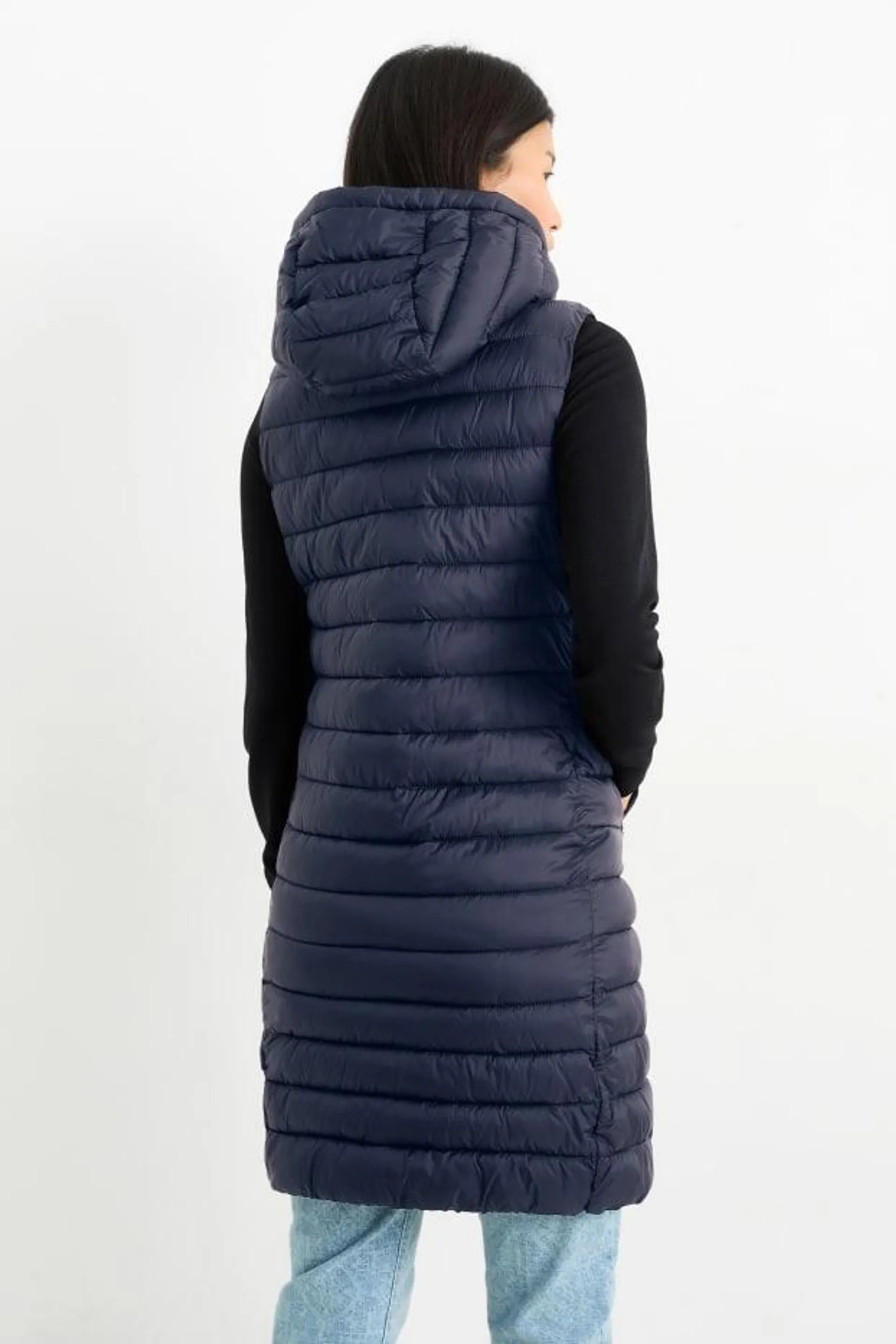 Long quilted gilet with hood