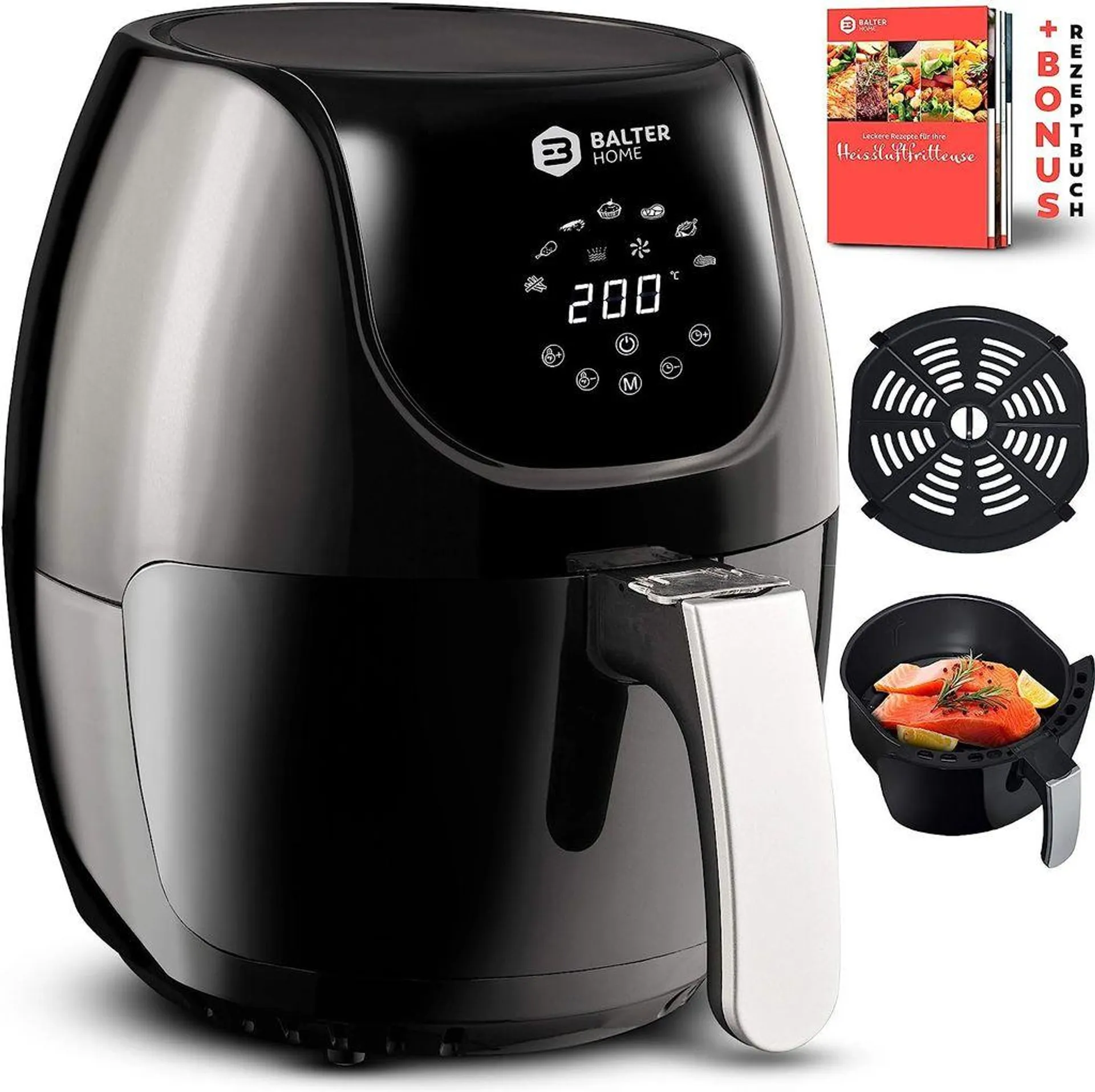 Balter Heißluftfritteuse XL-Touch, Fritteuse, LCD Display, 7 Programme, Rezeptheft, 3.6L - XL Garraum, 1500W, schwarz