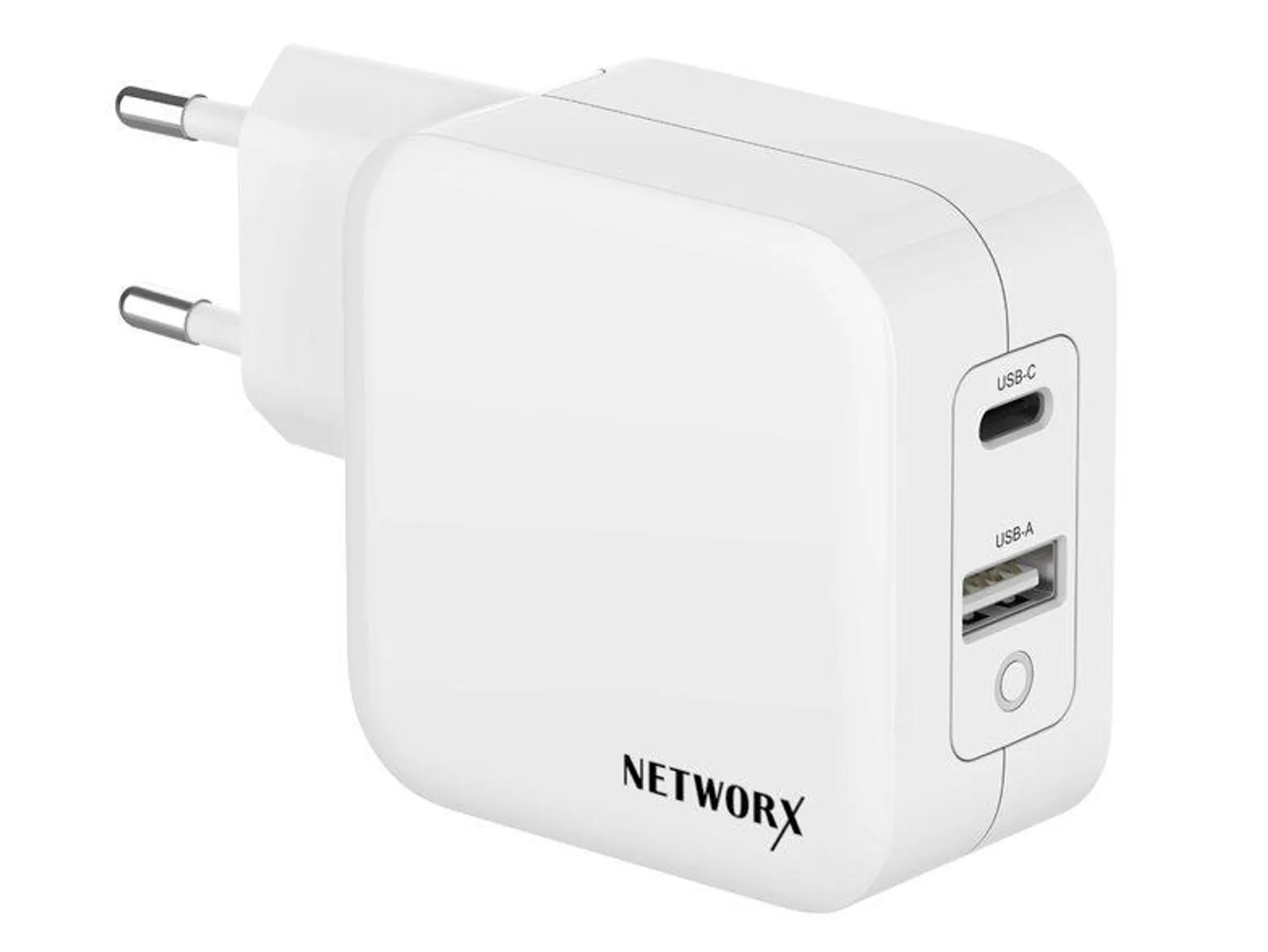 Networx USB-C Dual Netzteil f. MacBook 13", USB-C PD 65W/USB-A 12W, GaN, weiß