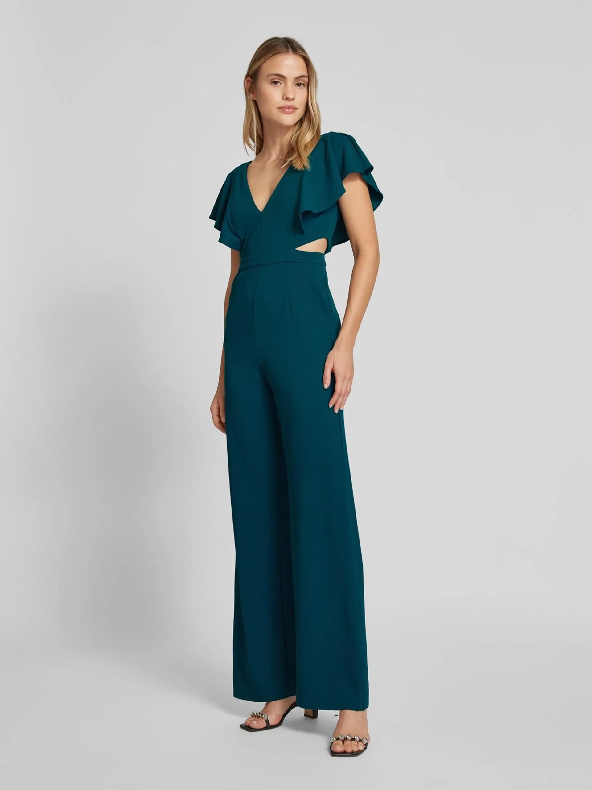 Jumpsuit mit Taillenband und Cut Outs in dunkelgruen melange