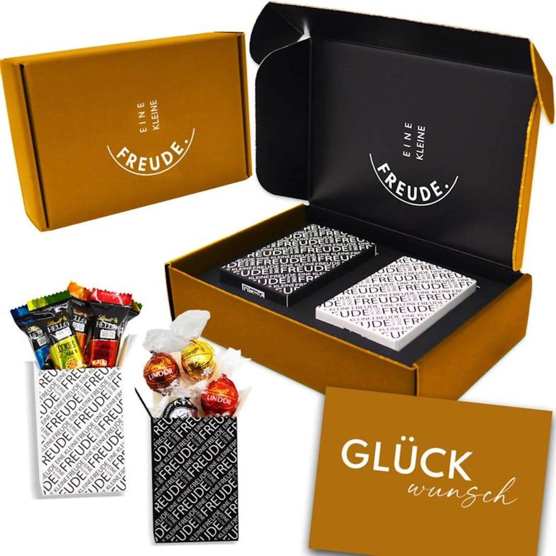 EINE KLEINE FREUDE. | Einzigartige „HERZLICHEN GLÜCKWUNSCH“ Geschenkbox mit feinster Lindt Schokolade, Hello Pralinen & Grußkarte