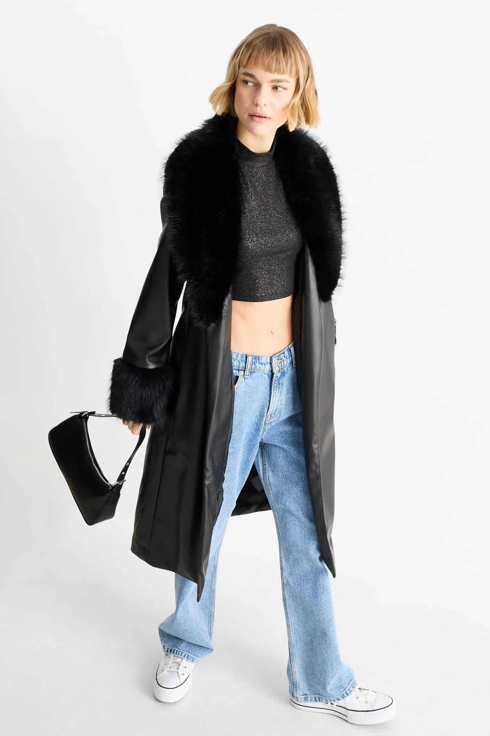 Coat with faux fur trim - faux leather