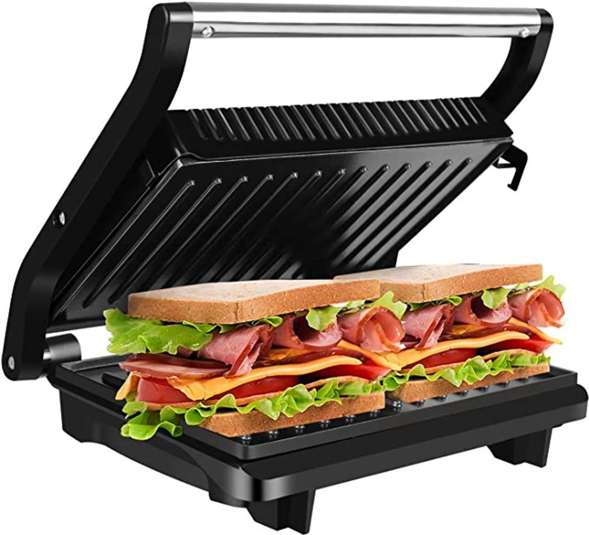 Gotoll GLHS152D Kontaktgrill Tischgrill, Panini & Sandwich Maker, doppelte Grillplatten, geöffnete 180° Kontakt-Grill, 1000 W, antihaftbeschichtet, isolierte Handgriffe, Edelstahlgehäuse