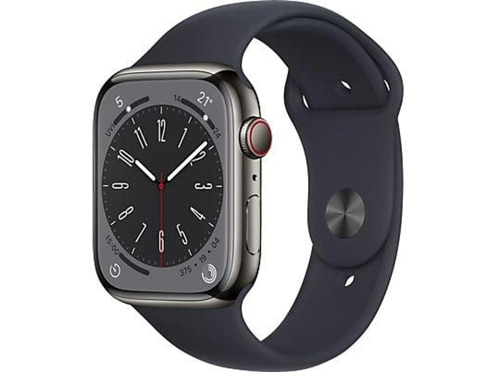 APPLE Watch Series 8 (GPS + Cellular) 45 mm Smartwatch Edelstahl Fluorelastomer, 140 - 220 mm, Armband: Mitternacht, Gehäuse: Graphit