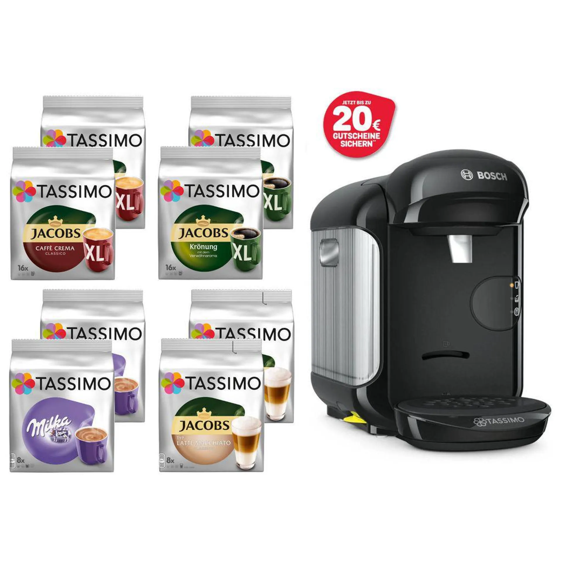 TASSIMO Kapseln Aktions-Paket 8 Packungen (4 Sorten) + Vivy 2 Schwarz gratis