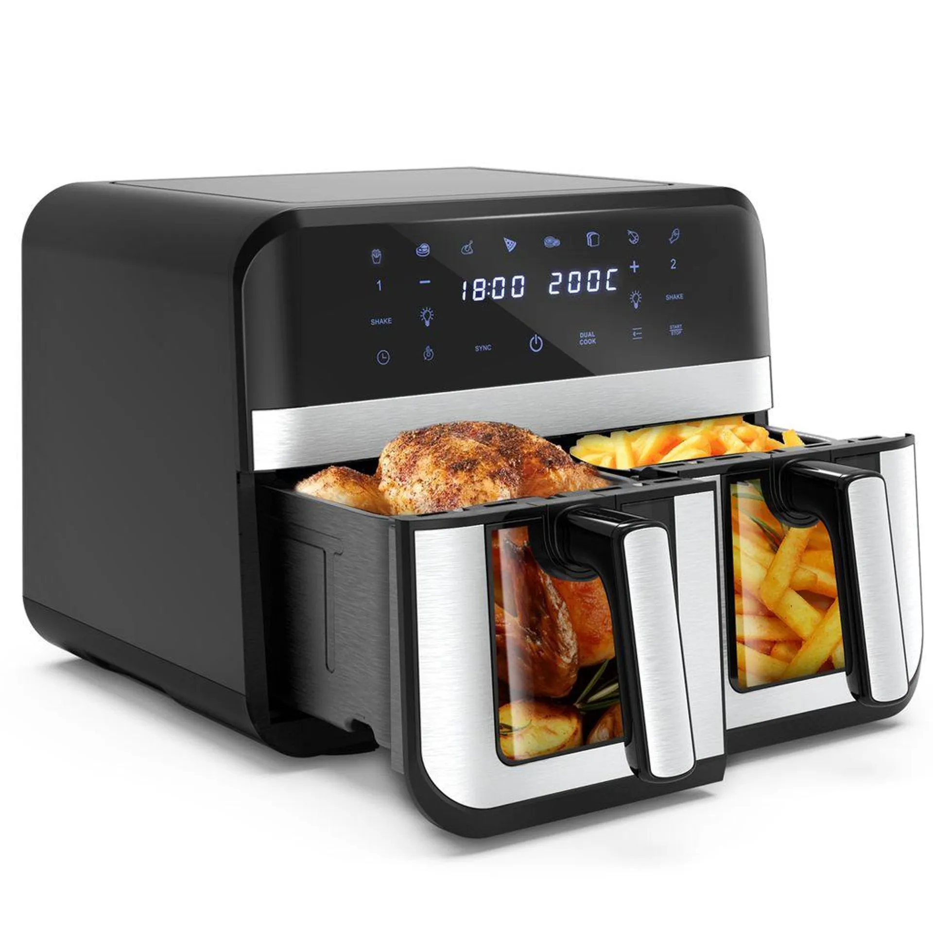 Heißluftfritteuse XXL doppel Airfryer 2600W / 9L (2x 4,5L Kammer) 8 Programme digitale Heißluft Fritteuse ohne Fett Öl Dual Luftfritteuse Air Friteuse