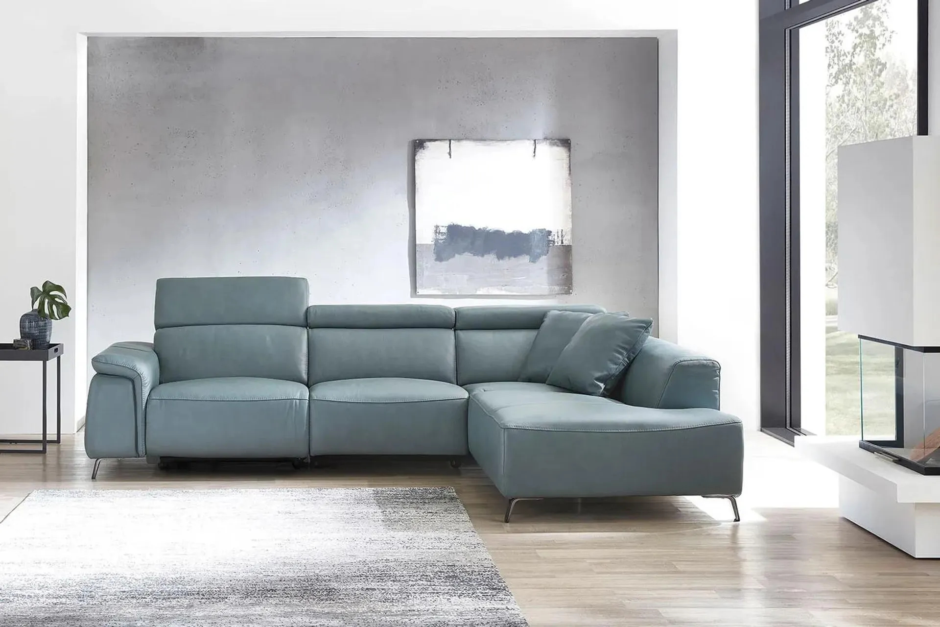 Ecksofa inkl. motorischer Relaxfunktion in Leder Blau rechts