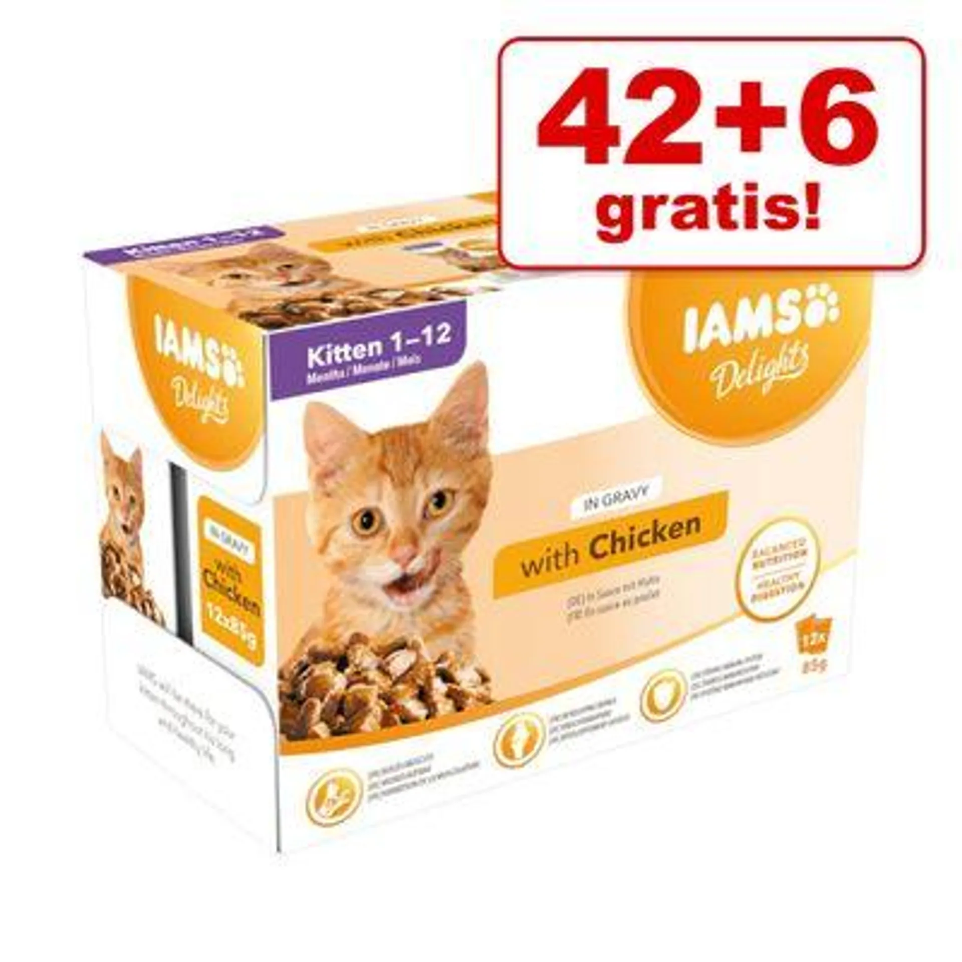 42 + 6 gratis! 48 x 85 g IAMS Delights