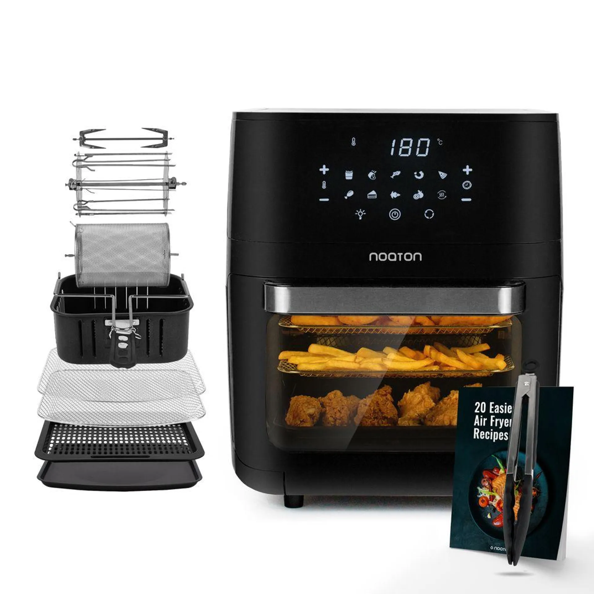 Noaton A120 Ultra Pro Heißluftfritteuse 12L, ohne Öl, Inklusive Rezeptbuch und 26 cm Küchenzange, 1800W, 10 Programme, Display, für 1-4 Personen