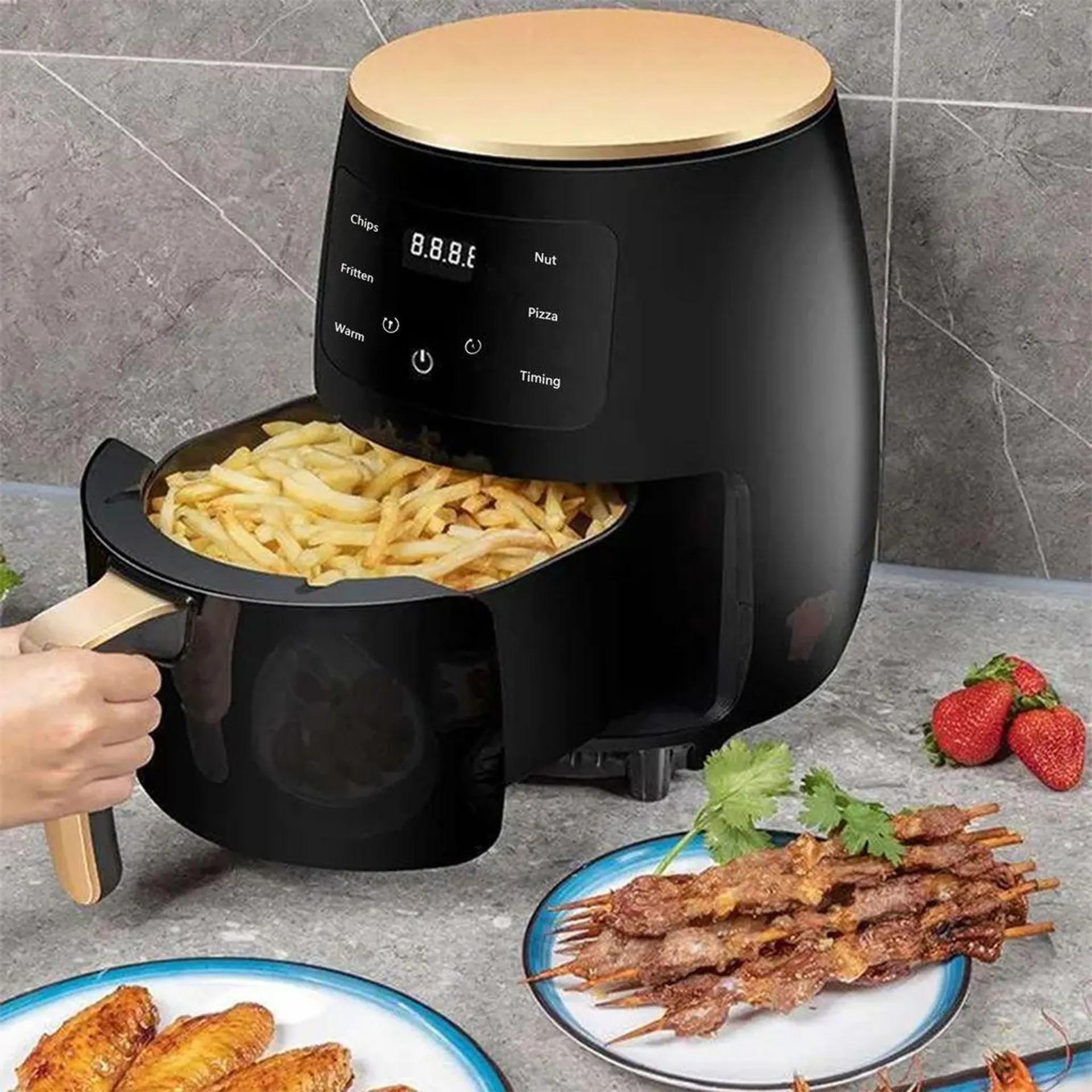 Kompaktfriteusen, 6L Airfryer ohne Öl, mit LED-Touch-Screen, Heißluftfritteuse, Antihaft-Frittierkorb, leicht zu reinigen, mit 4 automatischen Menüs, einstellbare Zeit/Temperatur, Timer