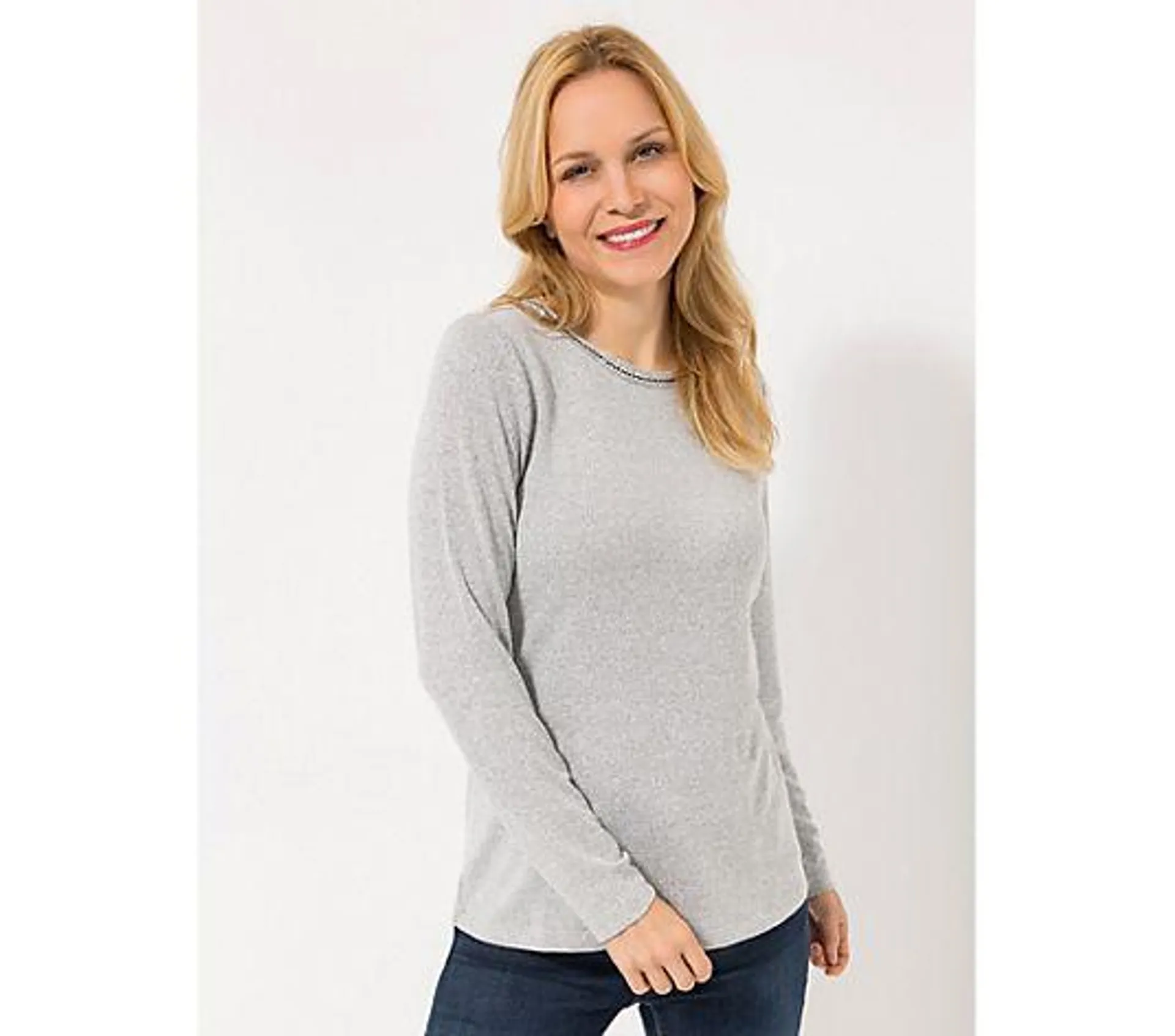 DENIM & CO. Pullover Rundhalsausschnitt mit Zierband figurumspielend