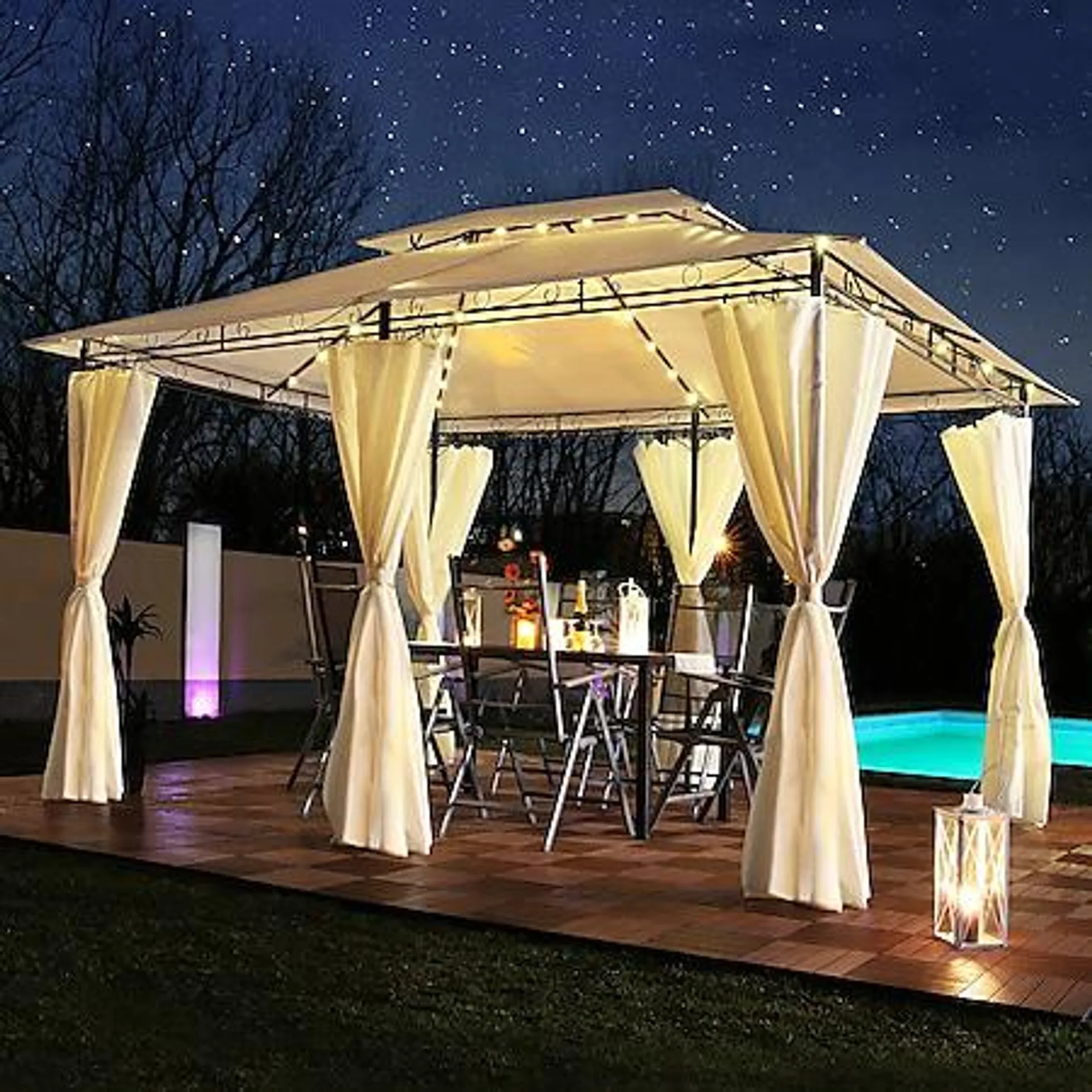 Swing&Harmonie Luxus LED - Pavillon 3x4m Minzo - inkl. Seitenwände mit LED Beleuchtung + Solarmodul Gartenpavillon optional mit Moskitonetz Partyzelt Gartenzelt - versch. Ausführungen