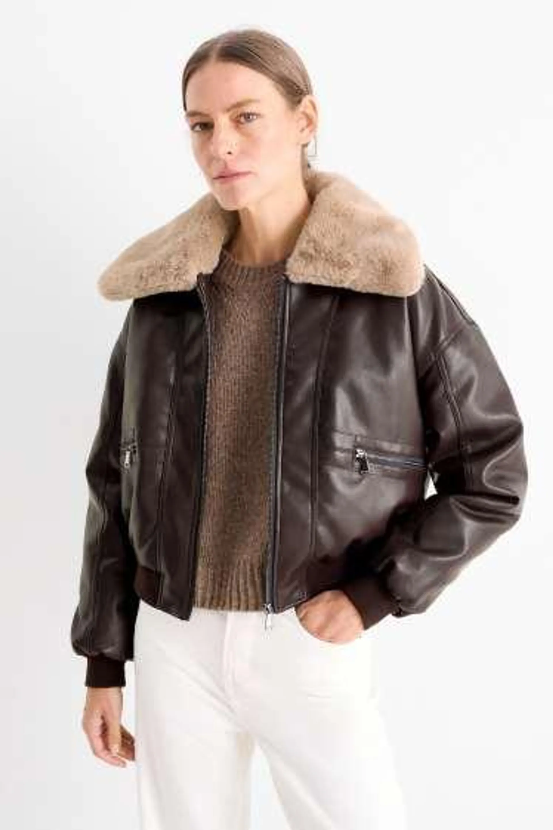 Bomber jacket with faux fur trim - faux leather