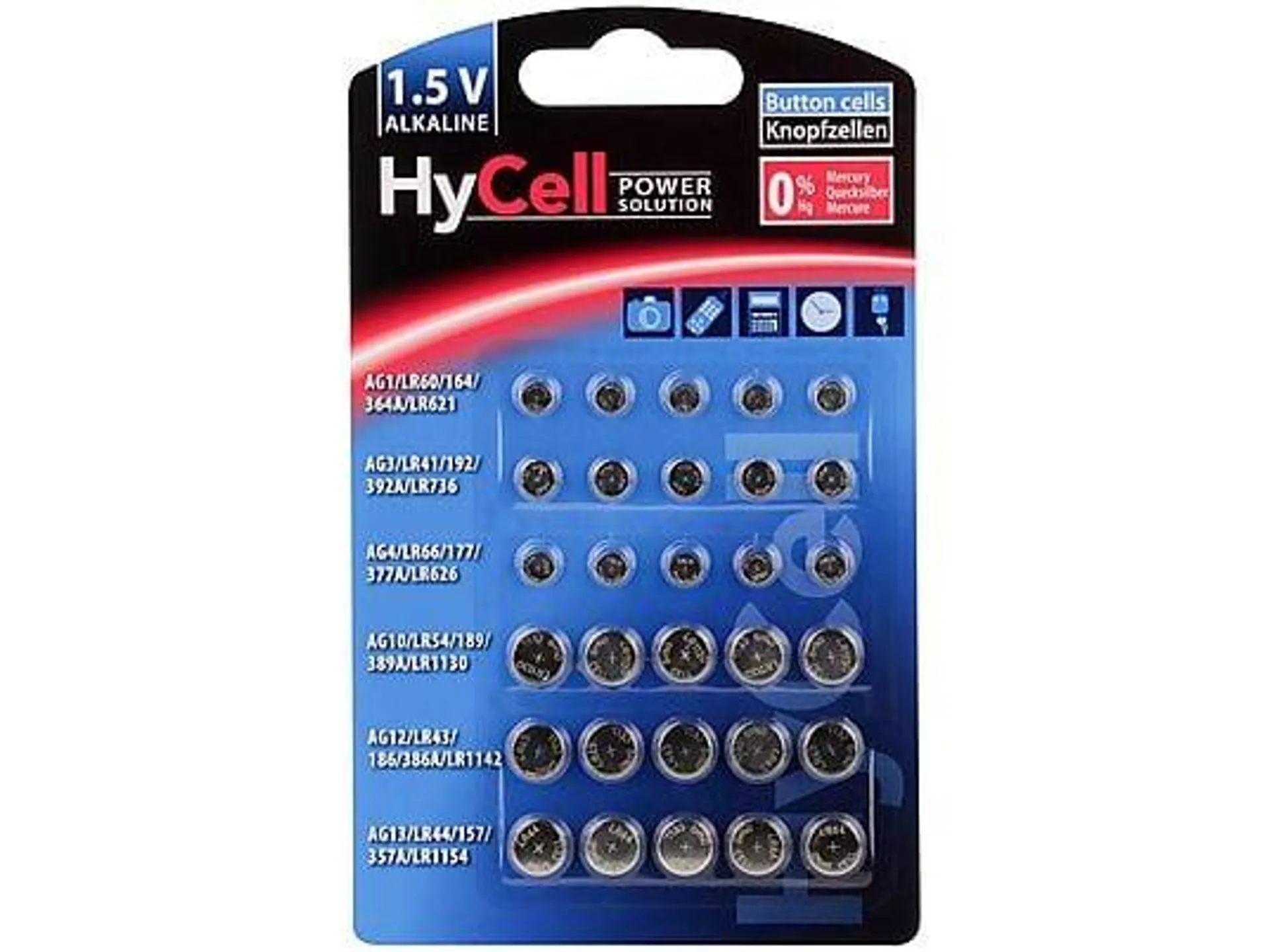 ANSMANN 5015473 HYCELL 30ER KNOPFZELLEN-SET LR41, LR43, LR44, LR54, LR60, LR66 Knopfzelle, Alkaline, 1.5 Volt, 130 Milliampere-Stunden 30 Stück