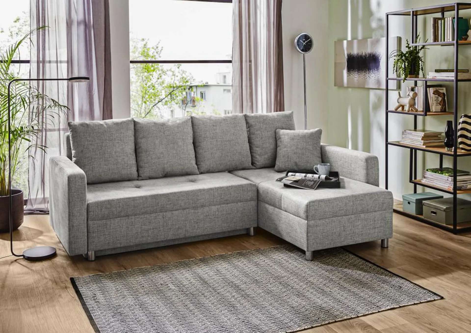 Ecksofa klein mit Schlaffunktion und Bettkasten Grau 228 x 154 cm beidseitig montierbar KAPPELN