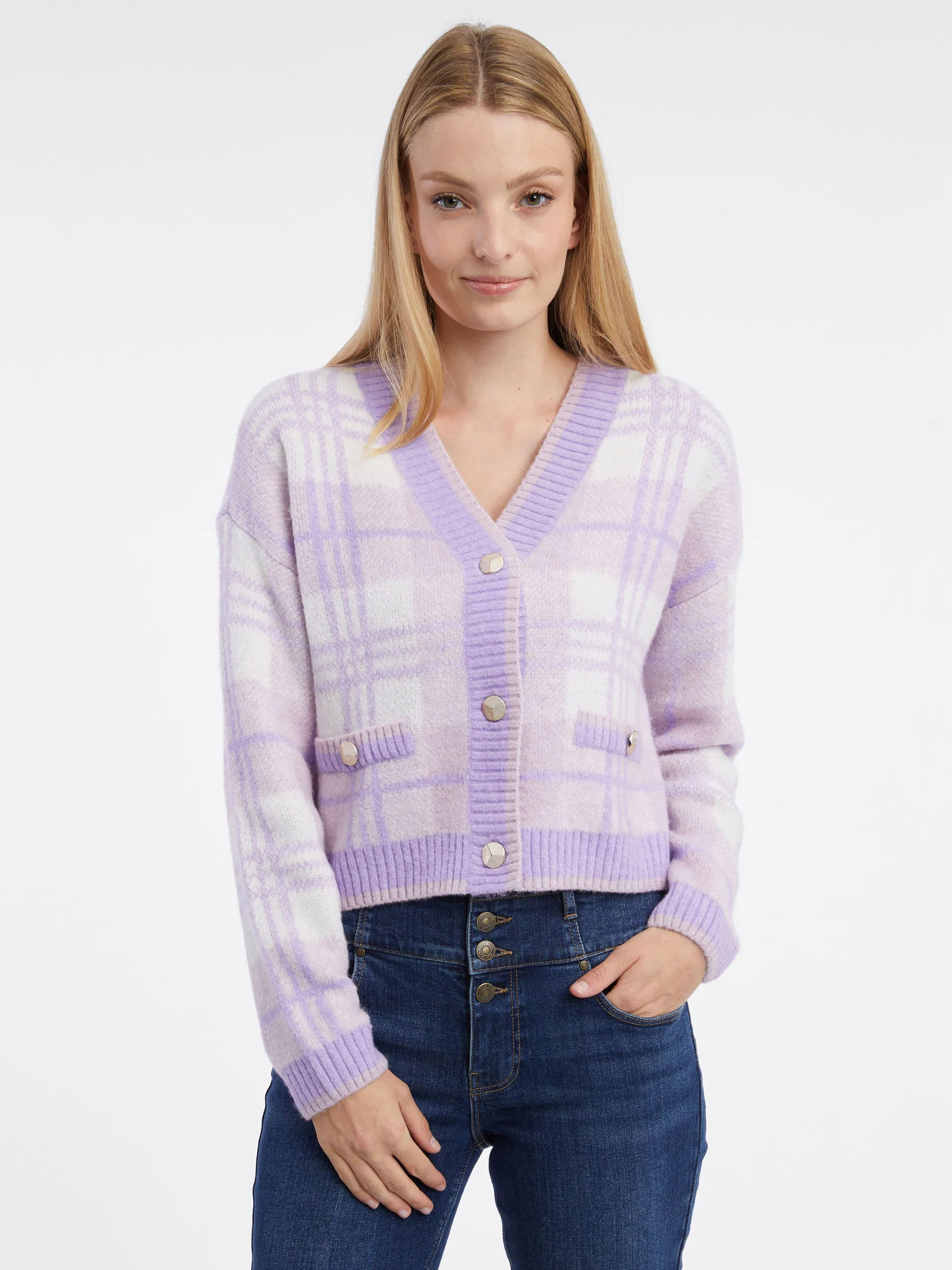 Hellviolette karierte Damen-Strickjacke ORSAY