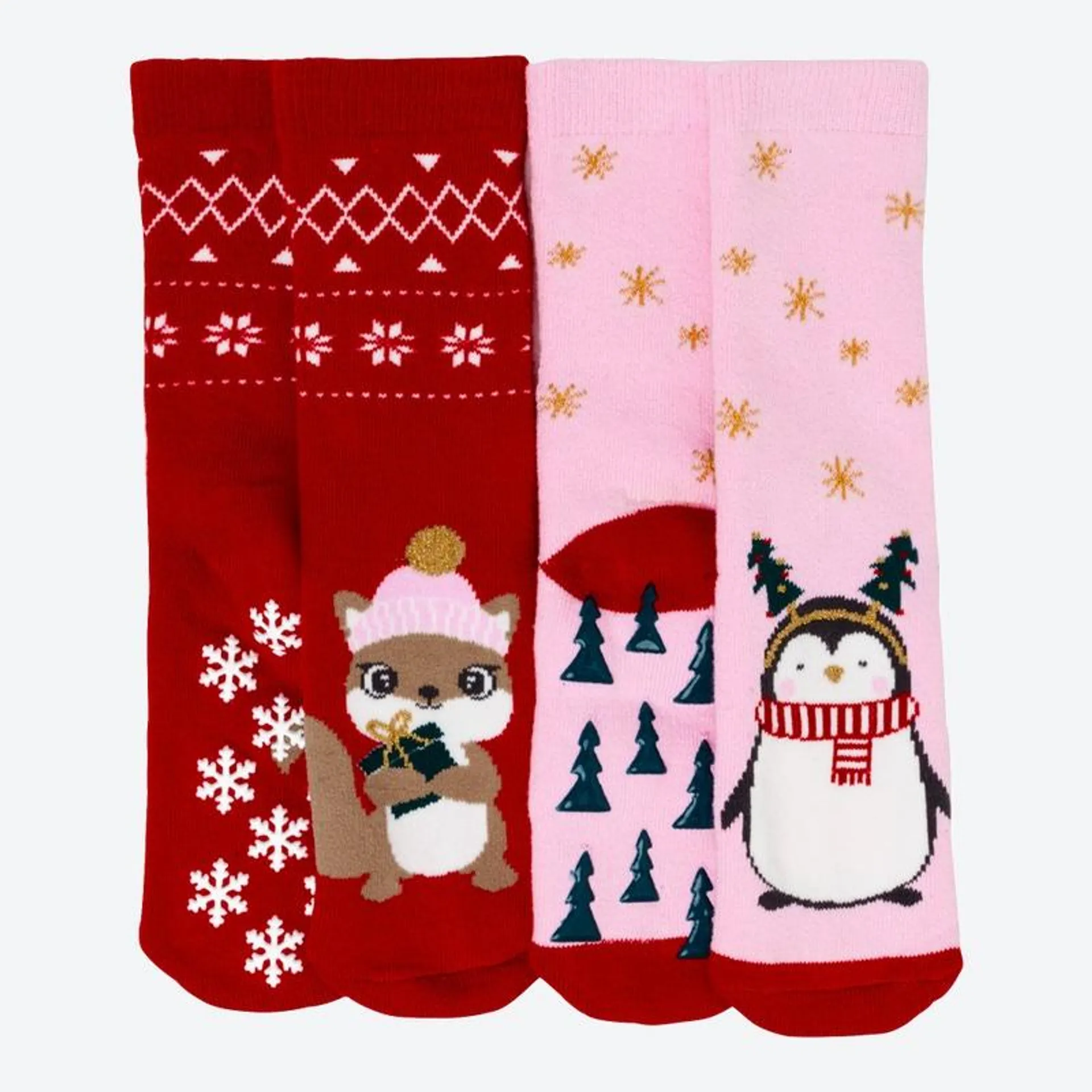 Kinder-ABS-Socken mit weihnachtlichen Motiven, 2er-Pack