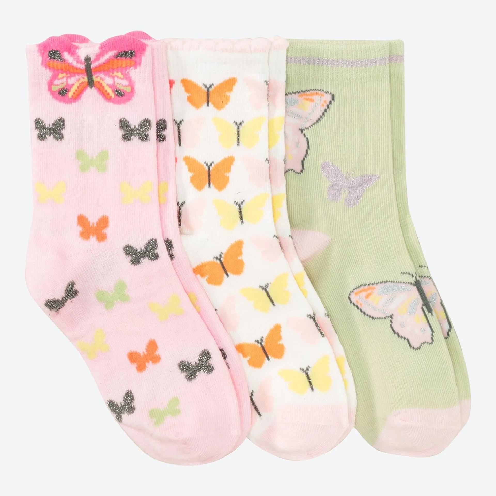 Kinder-Mädchen-Socken mit Schmetterlings-Motiven, 3er-Pack