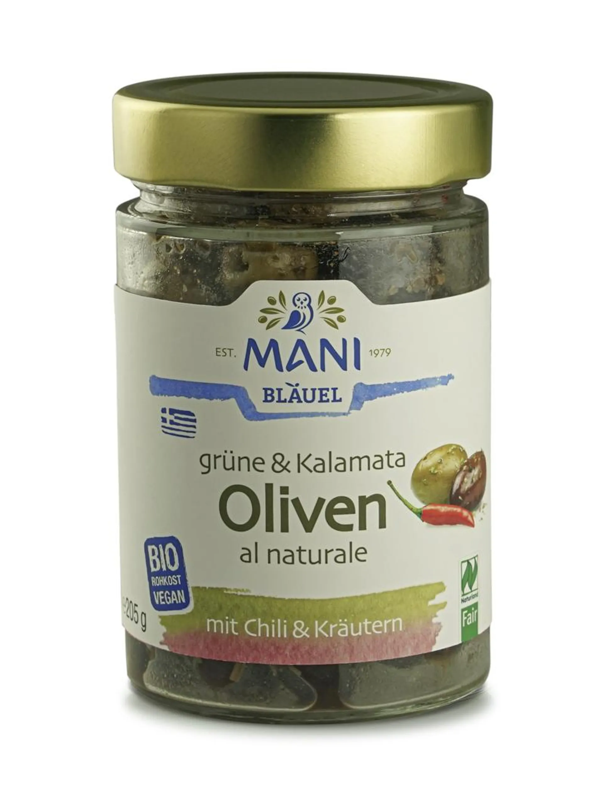 Mani Bläuel Grüne & Kalamata Oliven al naturale Chili & Kräuter 205g