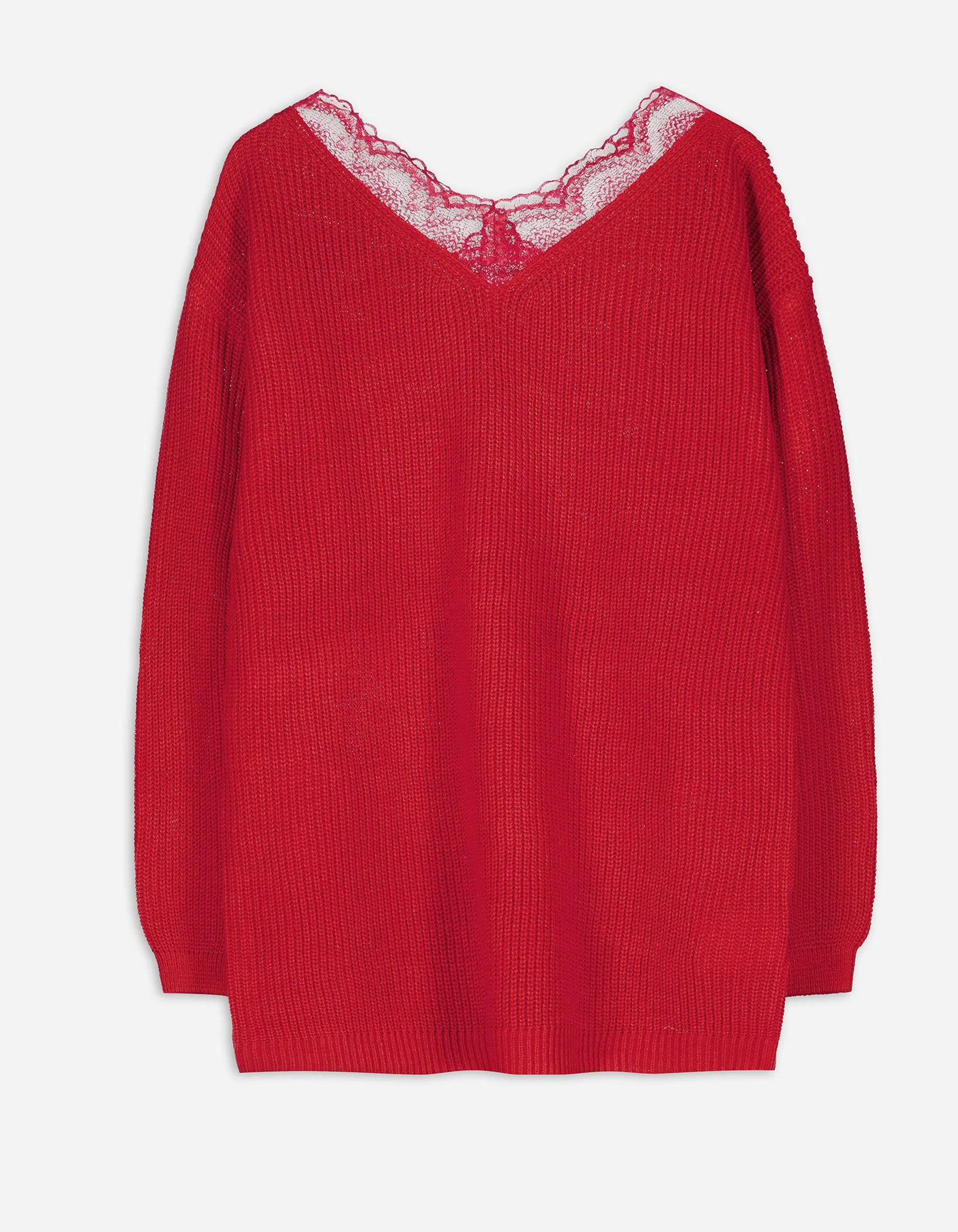 Strickpullover - Spitzenbesatz - rot