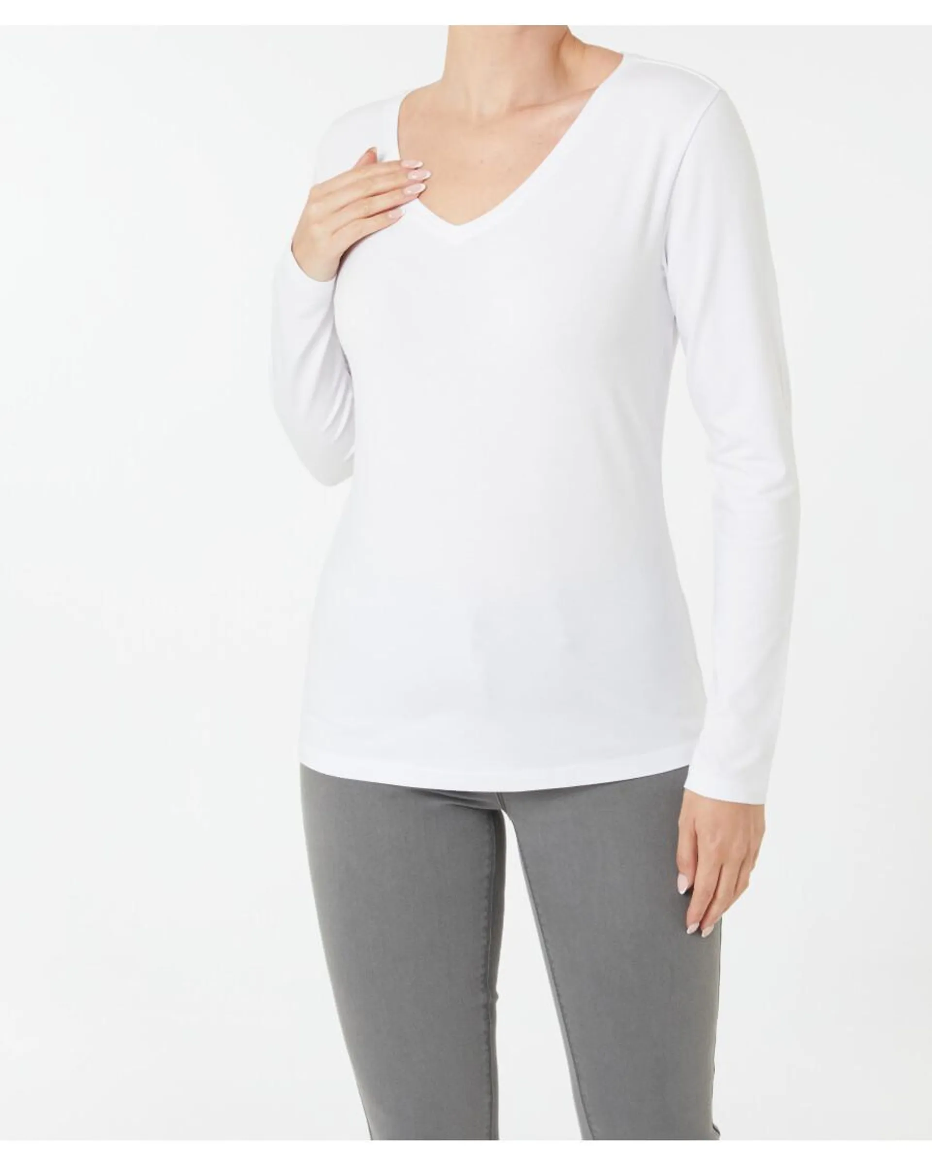 Basic Langarmshirt in Weiß Janina, V-Ausschnitt