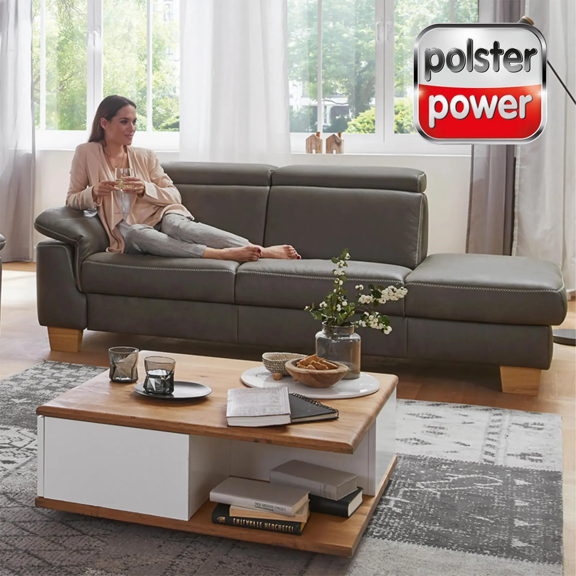 polsterpower 2,5-Recamiere Ledersofa - grau - mit Funktionen - Armlehne links