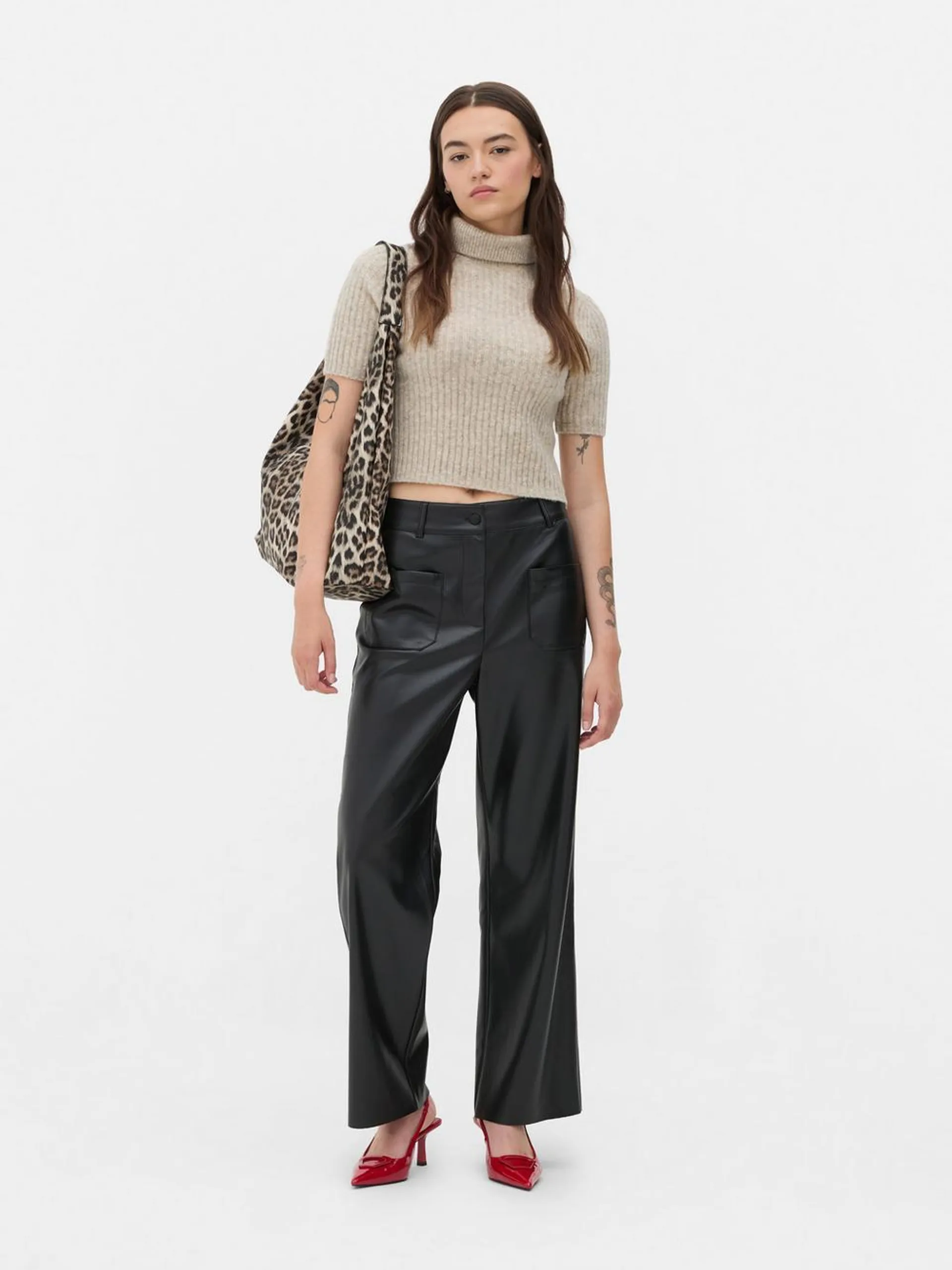 Faux Leather Patch Pocket Trousers