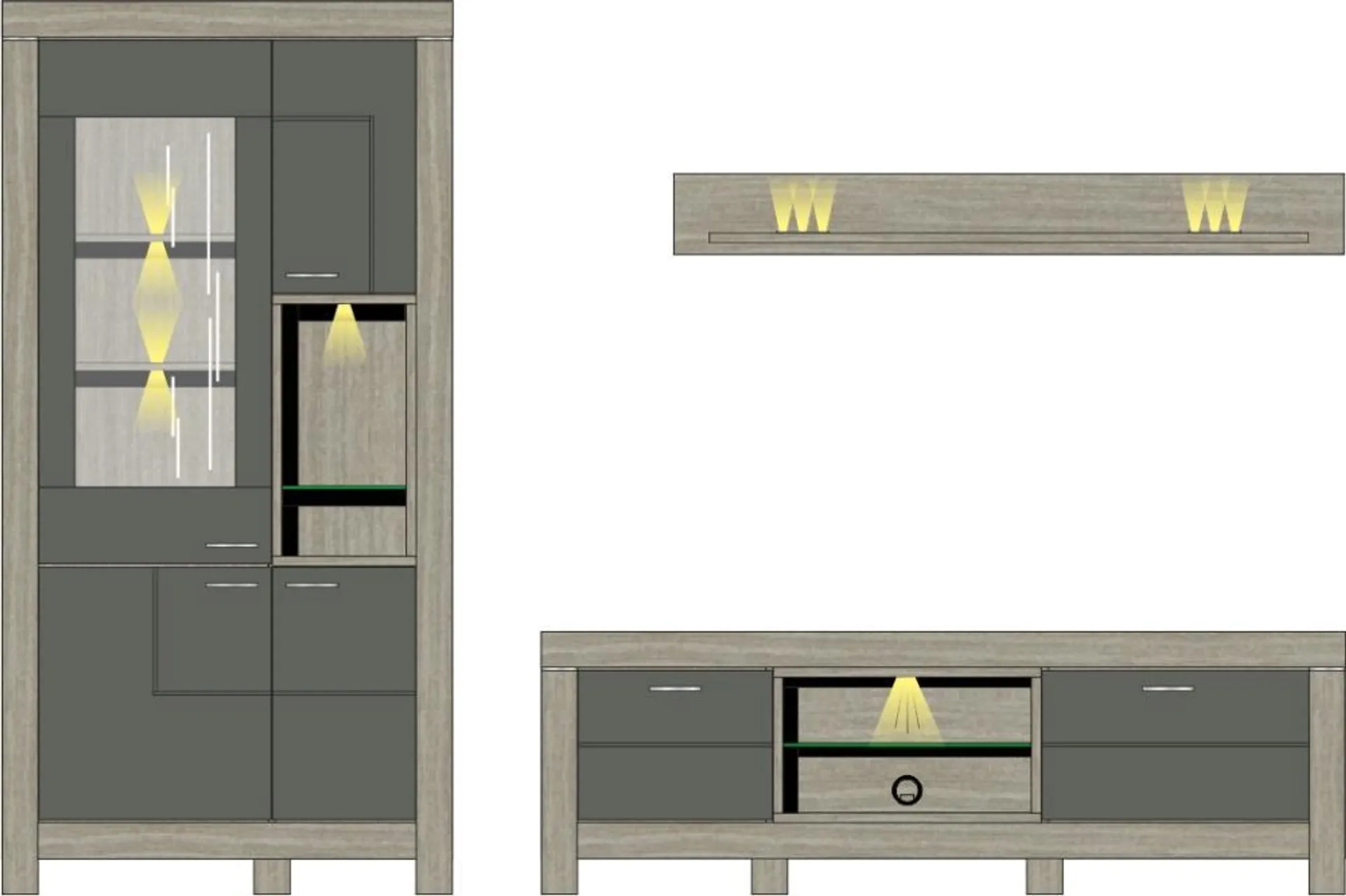 Wohwand 3-tlg inkl. LED-Beleuchtung ca 296 cm breit Granada von Wohnconcept Haveleiche / Beton dunkel