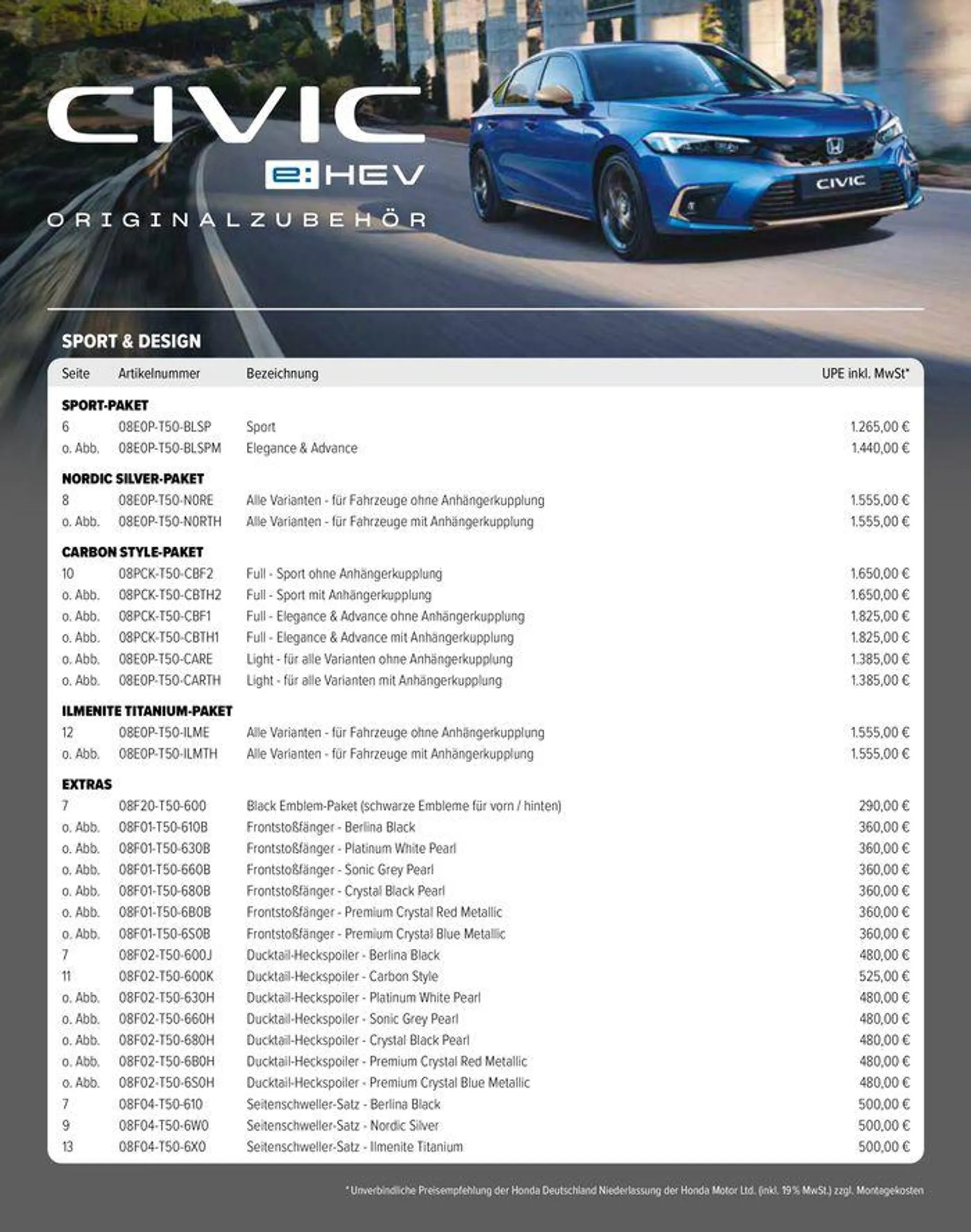 Honda CIVIC ZUBEHÖR-PREISLISTE von 9. April bis 9. April 2025 - Prospekt seite 