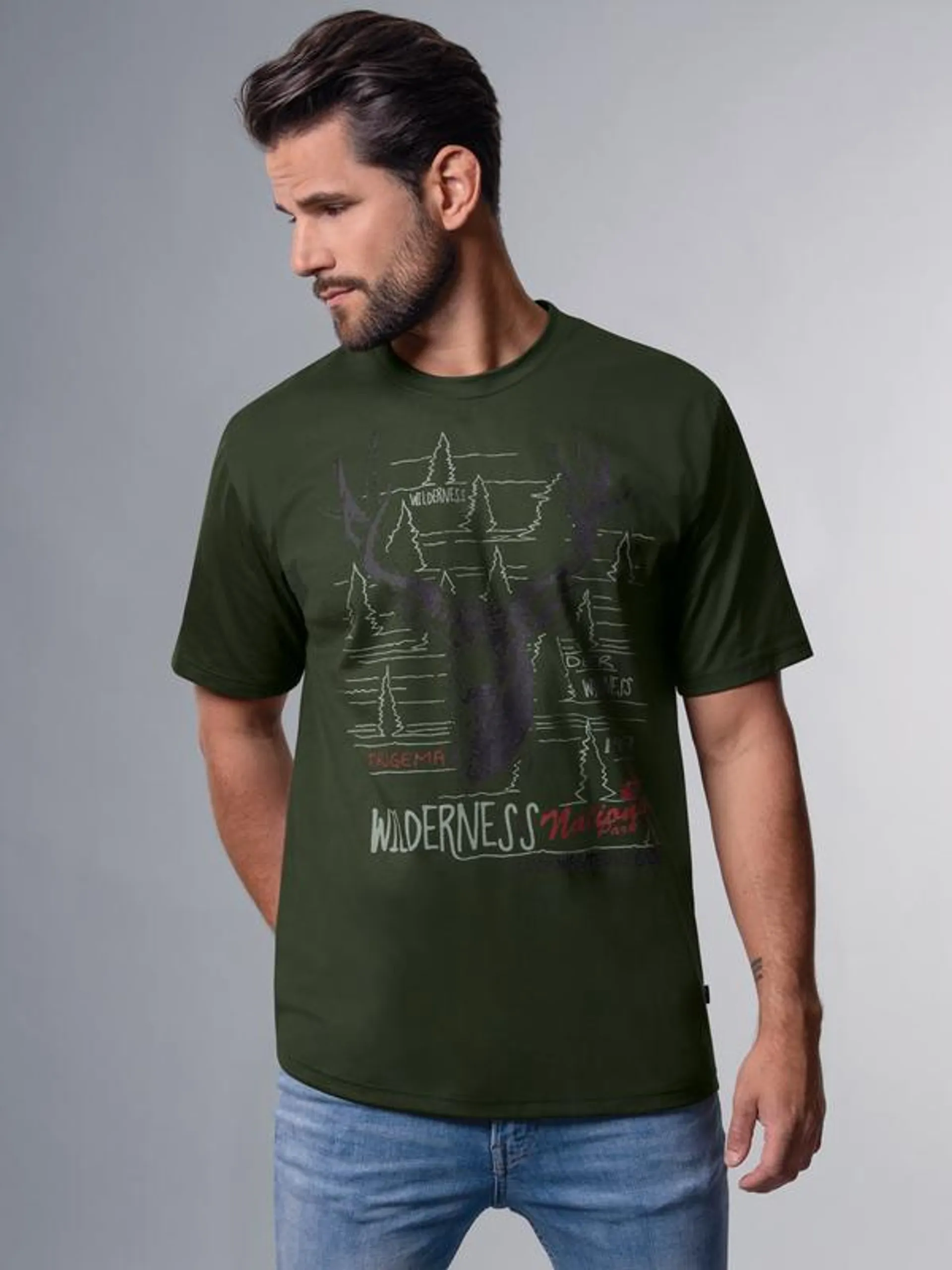 T-Shirt mit großem Hirsch-Print Khaki