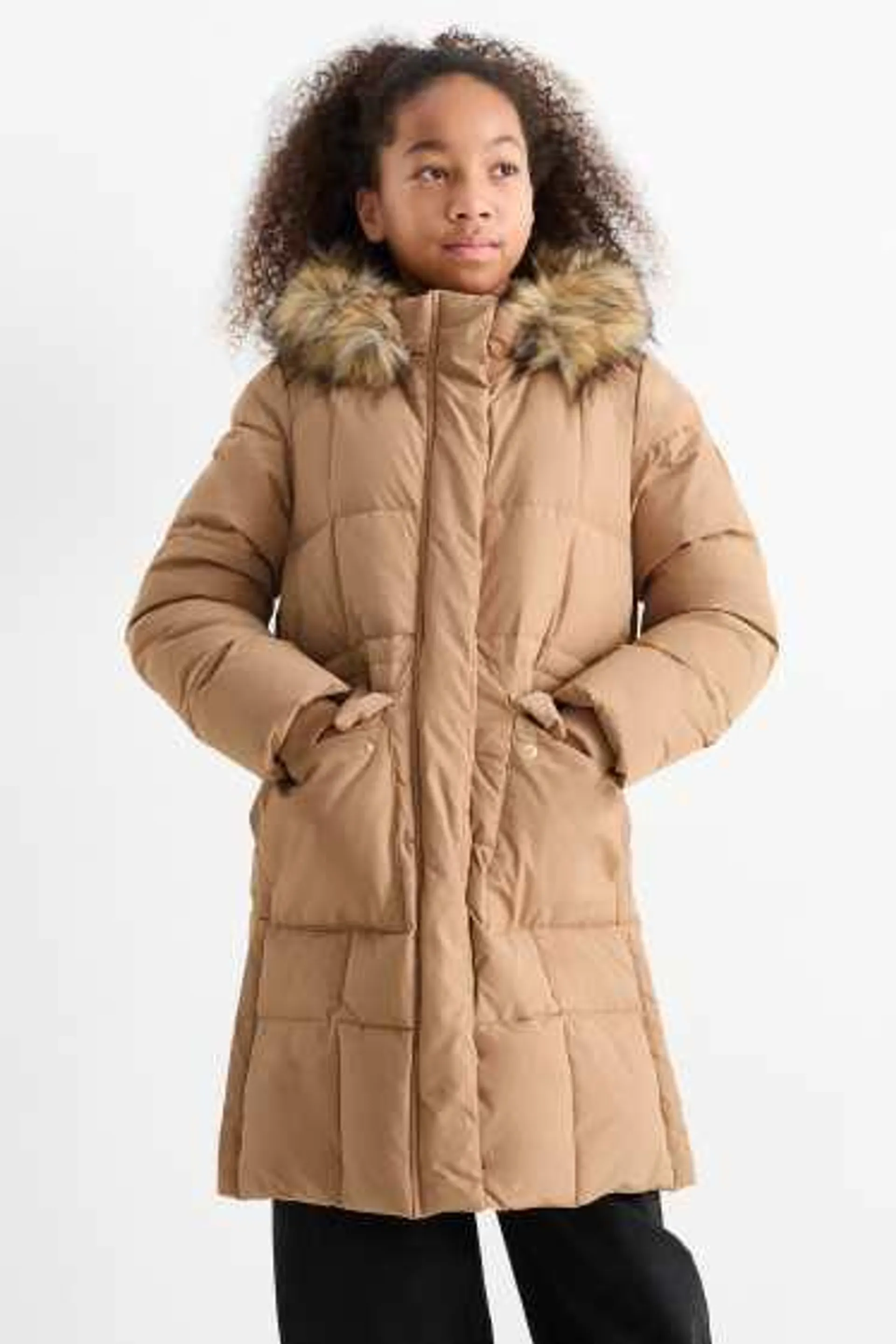 Down coat with hood and faux fur trim