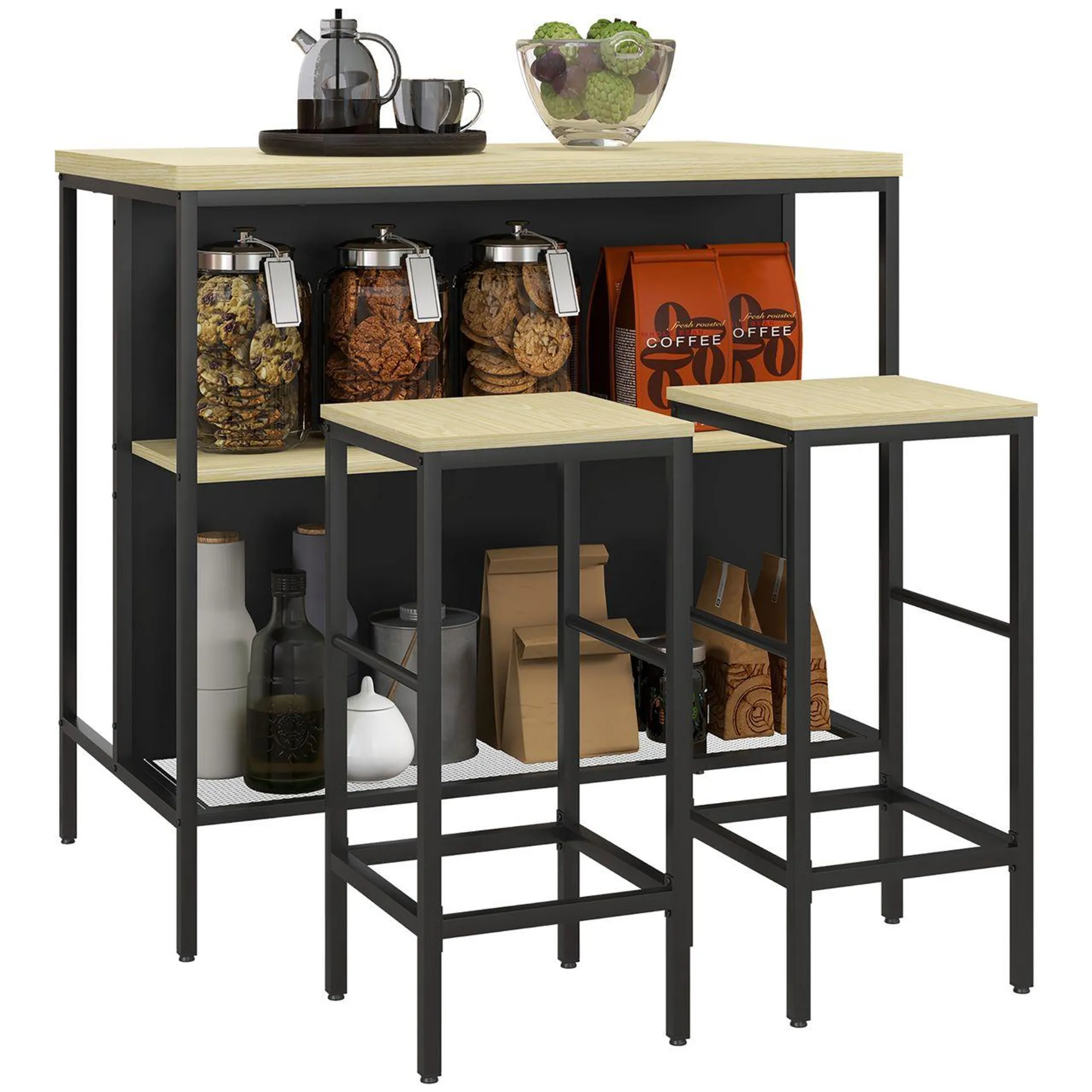Bartisch mit Barhocker Set, Küchentisch mit 2 Barhocker, Stahl, Eiche