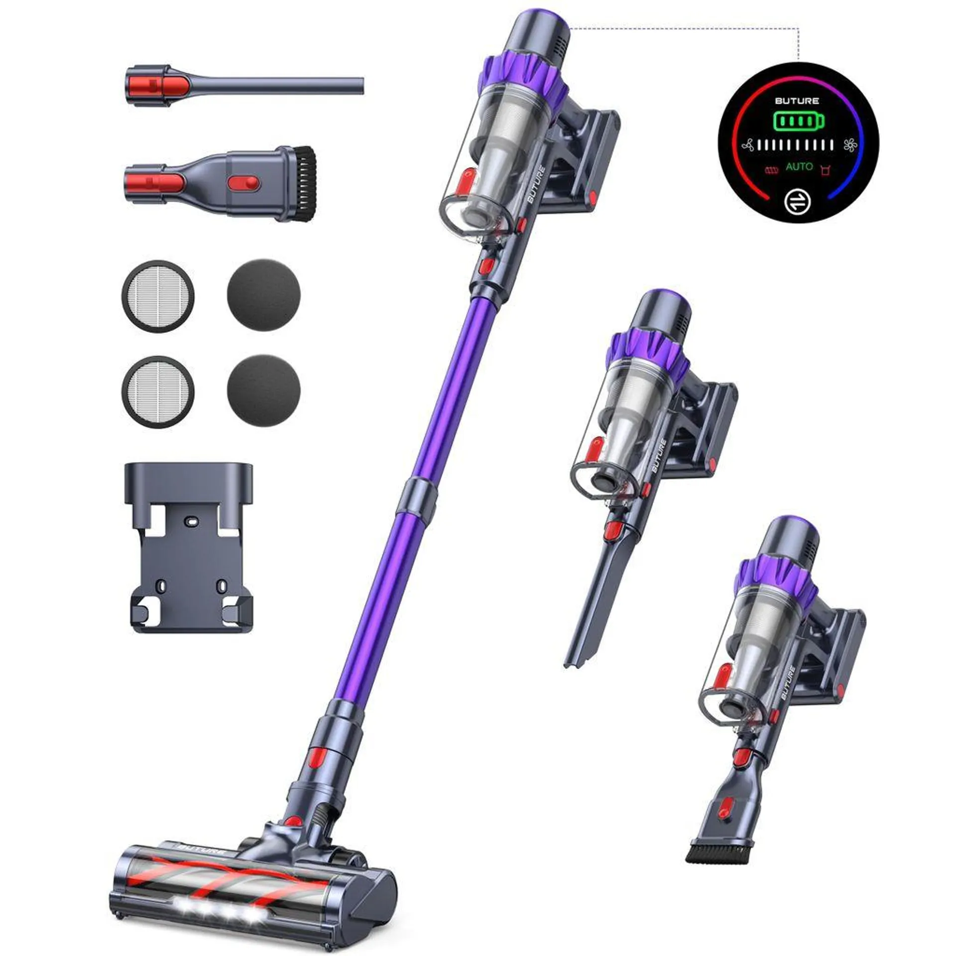 BuTure Akku Staubsauger, 450W 38KPa Staubsauger Kabellos mit Automodus, Leiser Akkusauger Bis zu 55 Min.