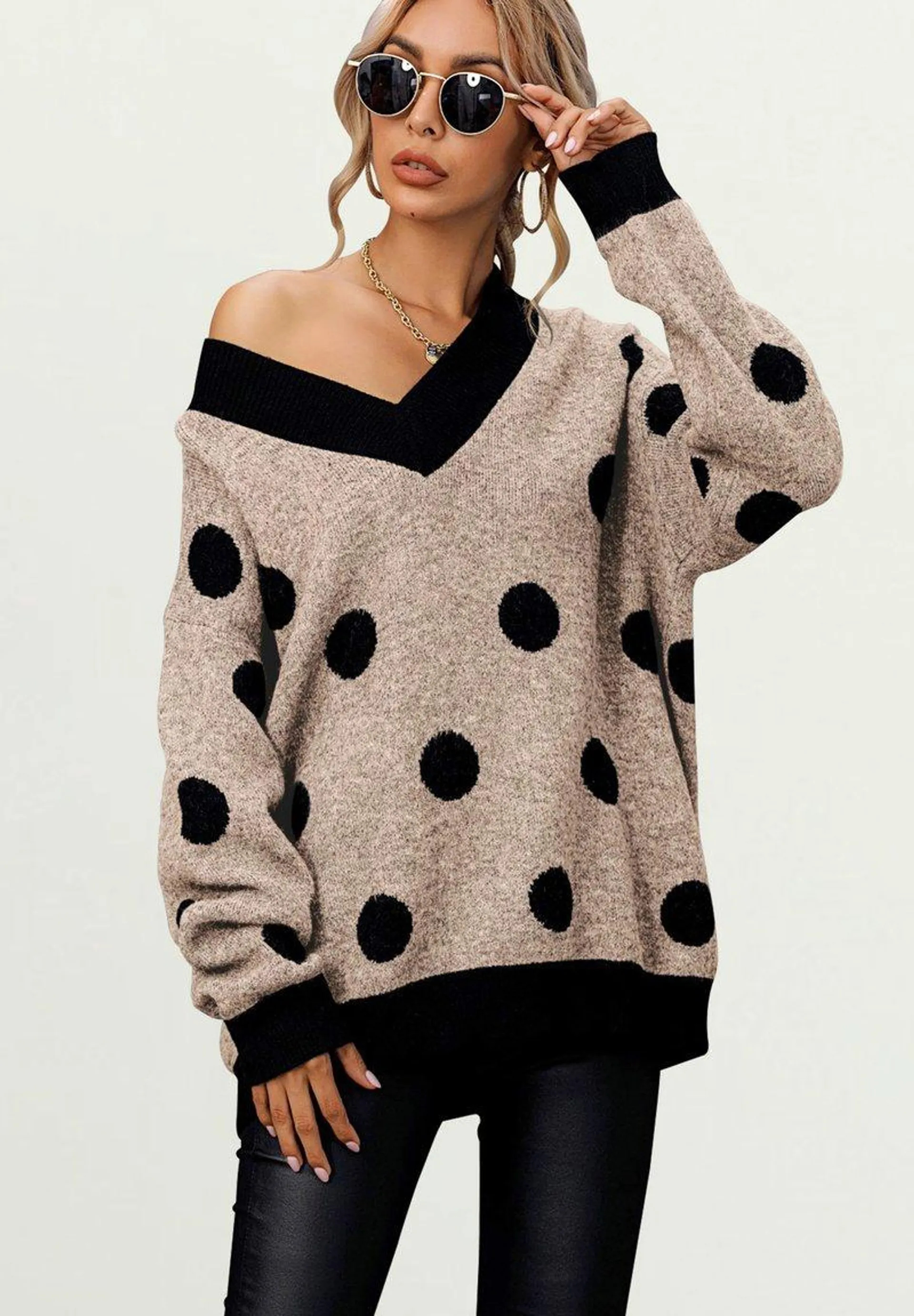 POLKA DOT SOFT V NECK - Jumper - beige