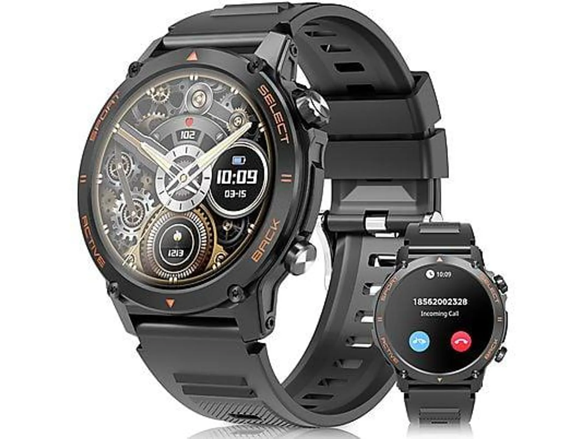 RAYOFI AMOLED Smartwatch Herren mit Telefonfunktion，1.43" Zoll Rund Smartwatch,123+ Sportmodi Smartwatch Silikon, 265 mm, Schwarz