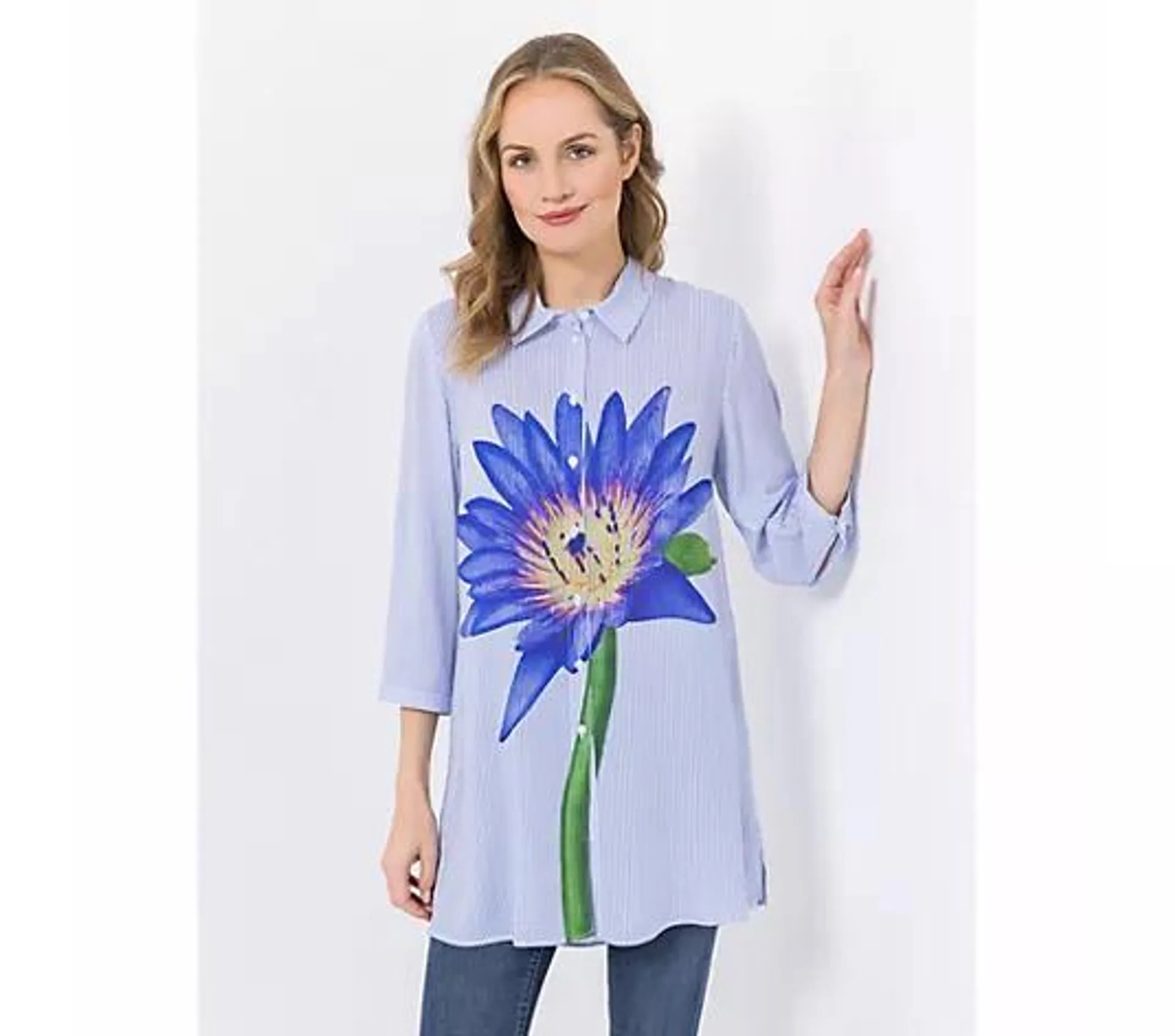 DINE 'N' DANCE Tunika, 3/4-Arm Hemdkragen Blumen Design leger weit