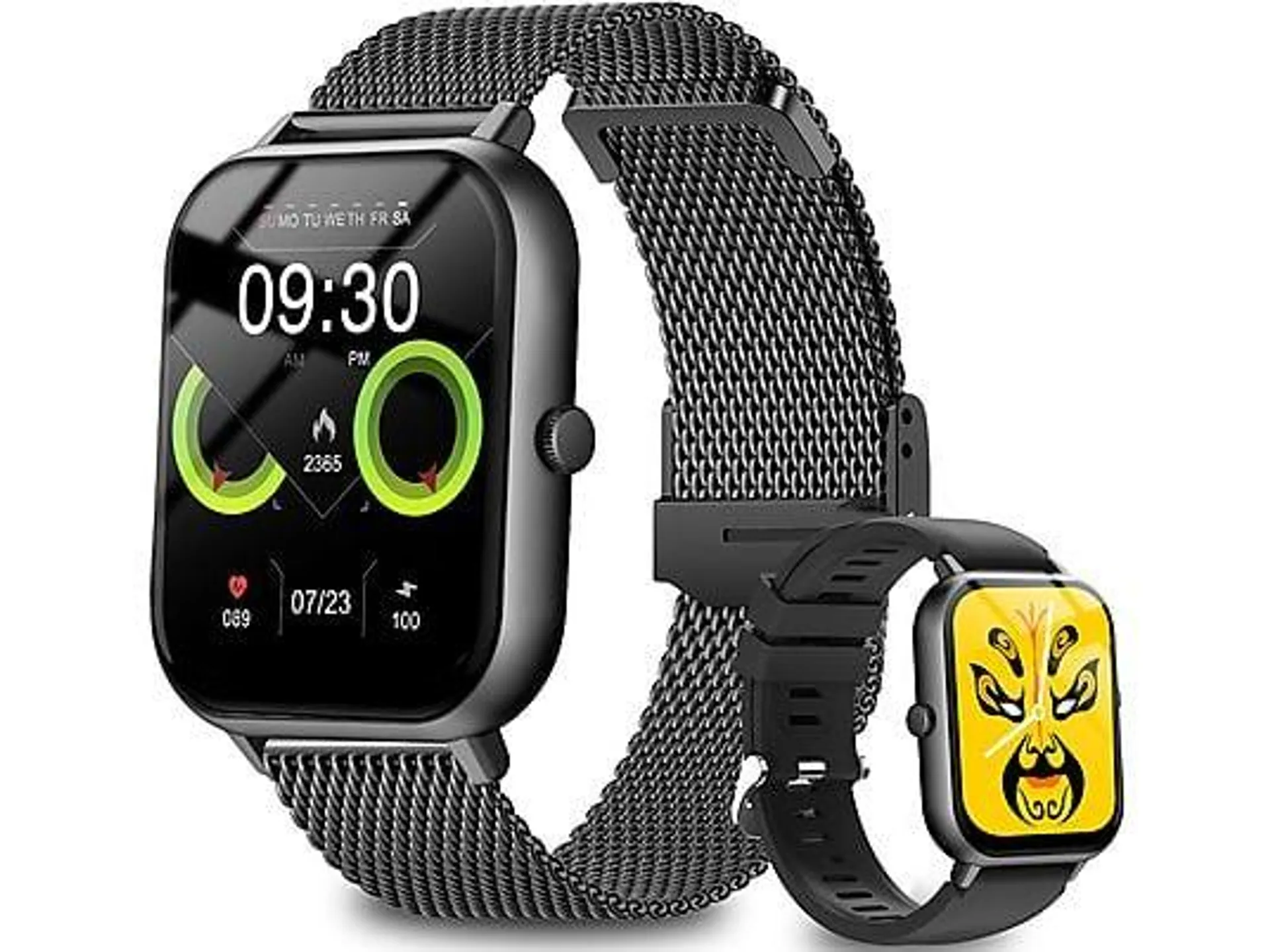 RAYOFI 1,85'' Smartwatch, Fitness Tracker uhr mit Anruffunktion für Damen und Herren, Doppelriemen Smartwatch Silikon, 220 mm, Schwarz/Gold/Silver