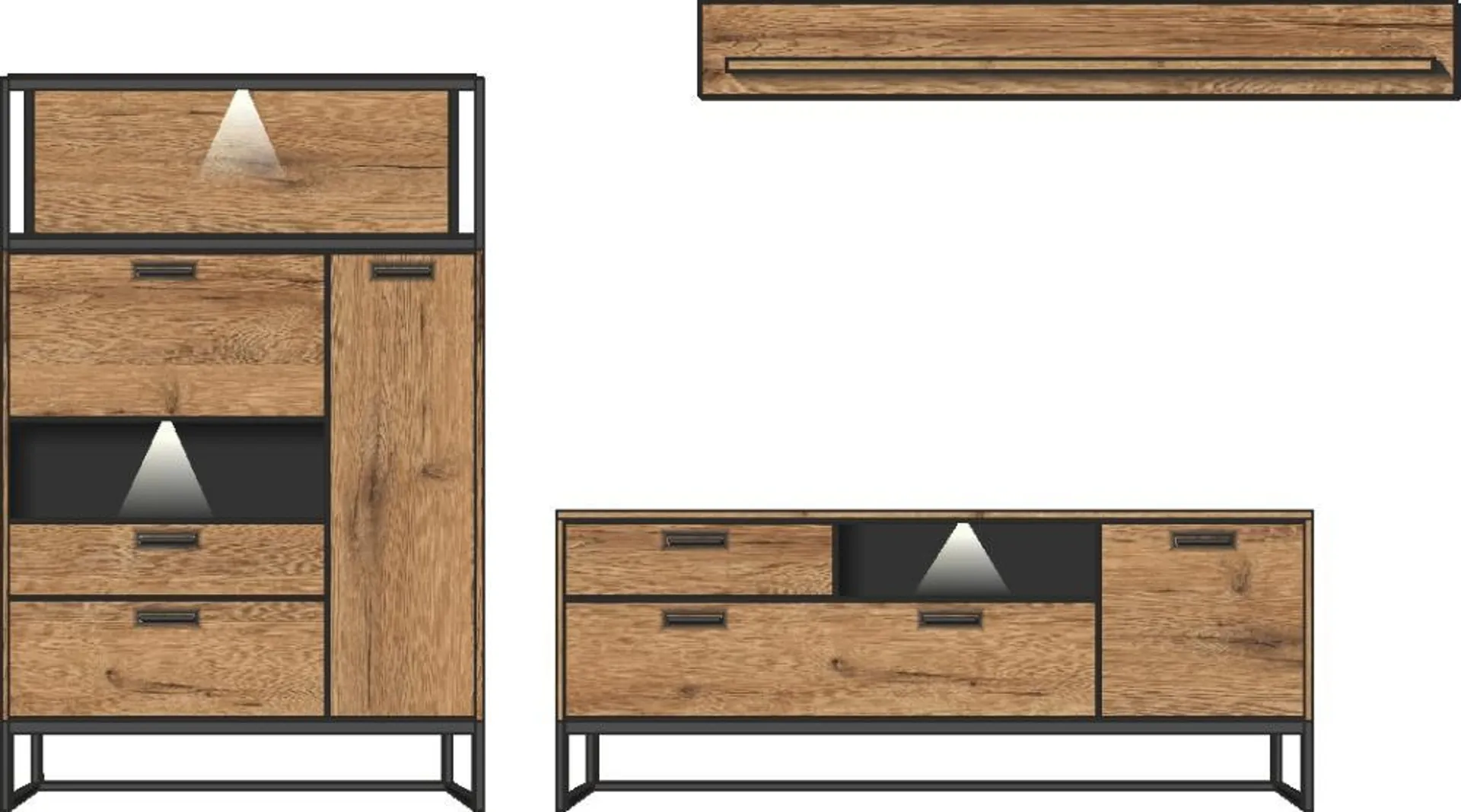 Wohnwand 3-tlg 269cm MANHATTAN von Wohn-Concept Haveleiche Cognac / Metallgestell graphit