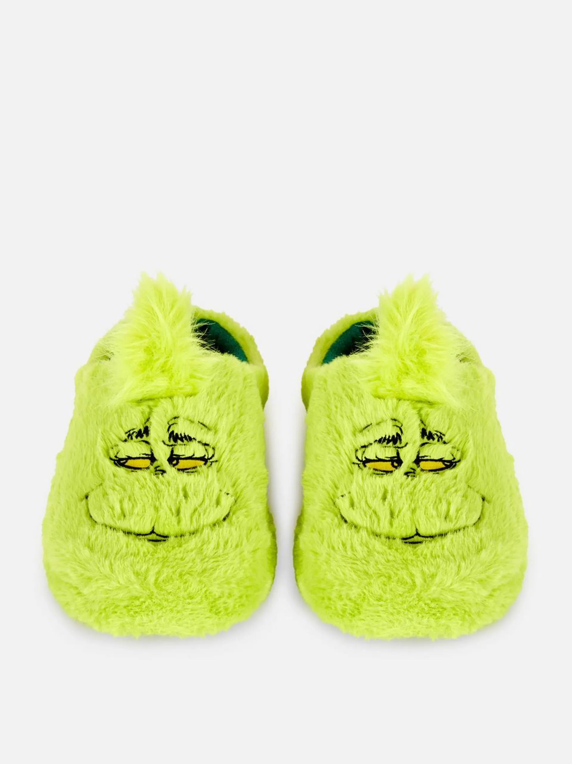 Flauschige Hausschuhe mit gesticktem Grinch-Motiv