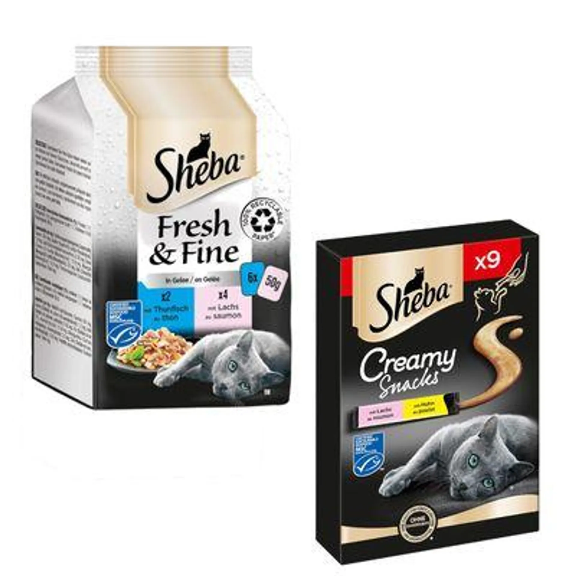 6 x 50 g Sheba Fresh & Fine Nassfutter + 9 x 12 g Creamy Snacks zum Sonderpreis!