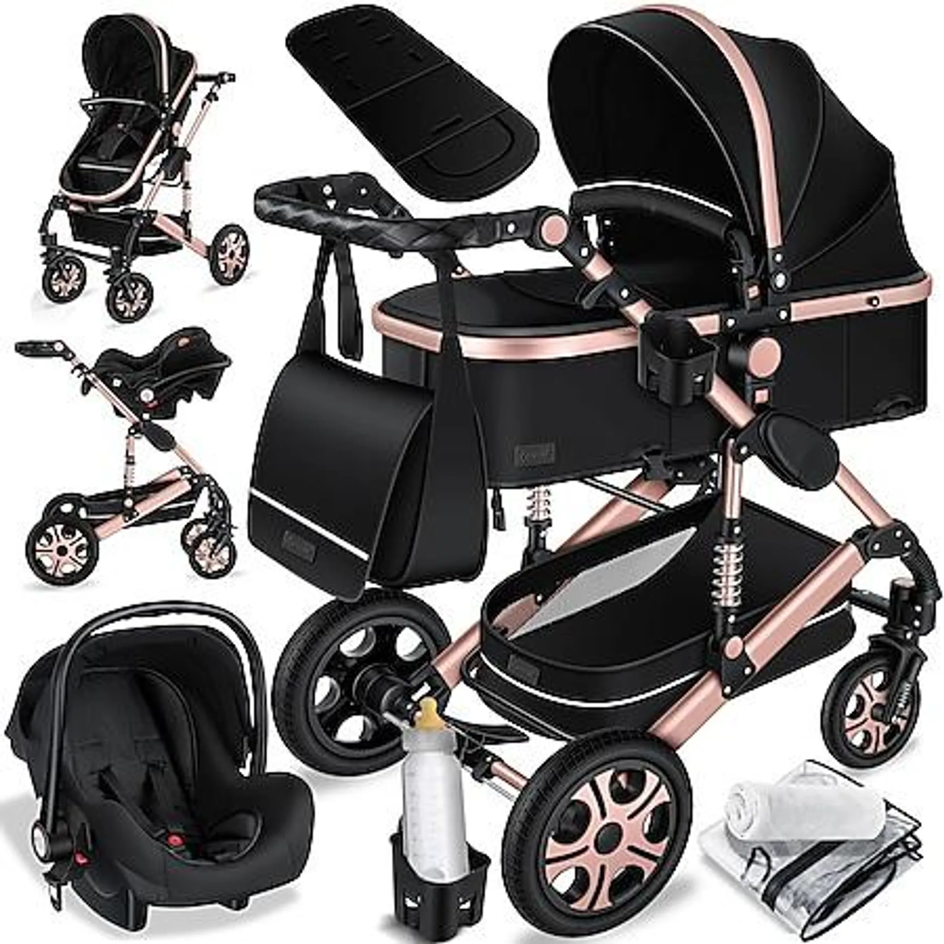 KESSER® Loops 3 in 1 Kinderwagen Kombikinderwagen Komplettset incl. Babywanne & Buggy Sportsitz & Auto-Babyschale - Voll-Gummireifen - Wickeltasche/Regenschutz/Kindertisch Set