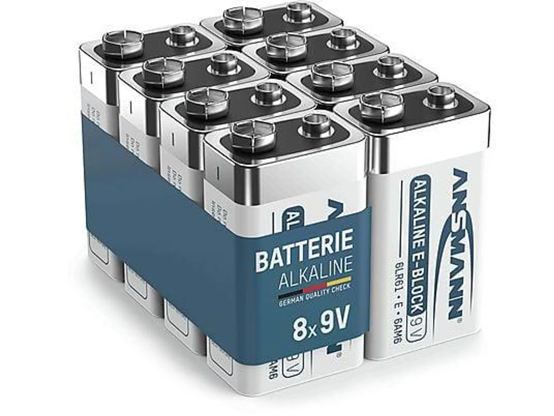 ANSMANN Batterie Rauchmelder 9V Block Alkaline, 8 Stück, für Rauchmelder Brandmeldeanlage 9 Volt Block E Batterie, 9V Alkaline Batterie, 9 Volt