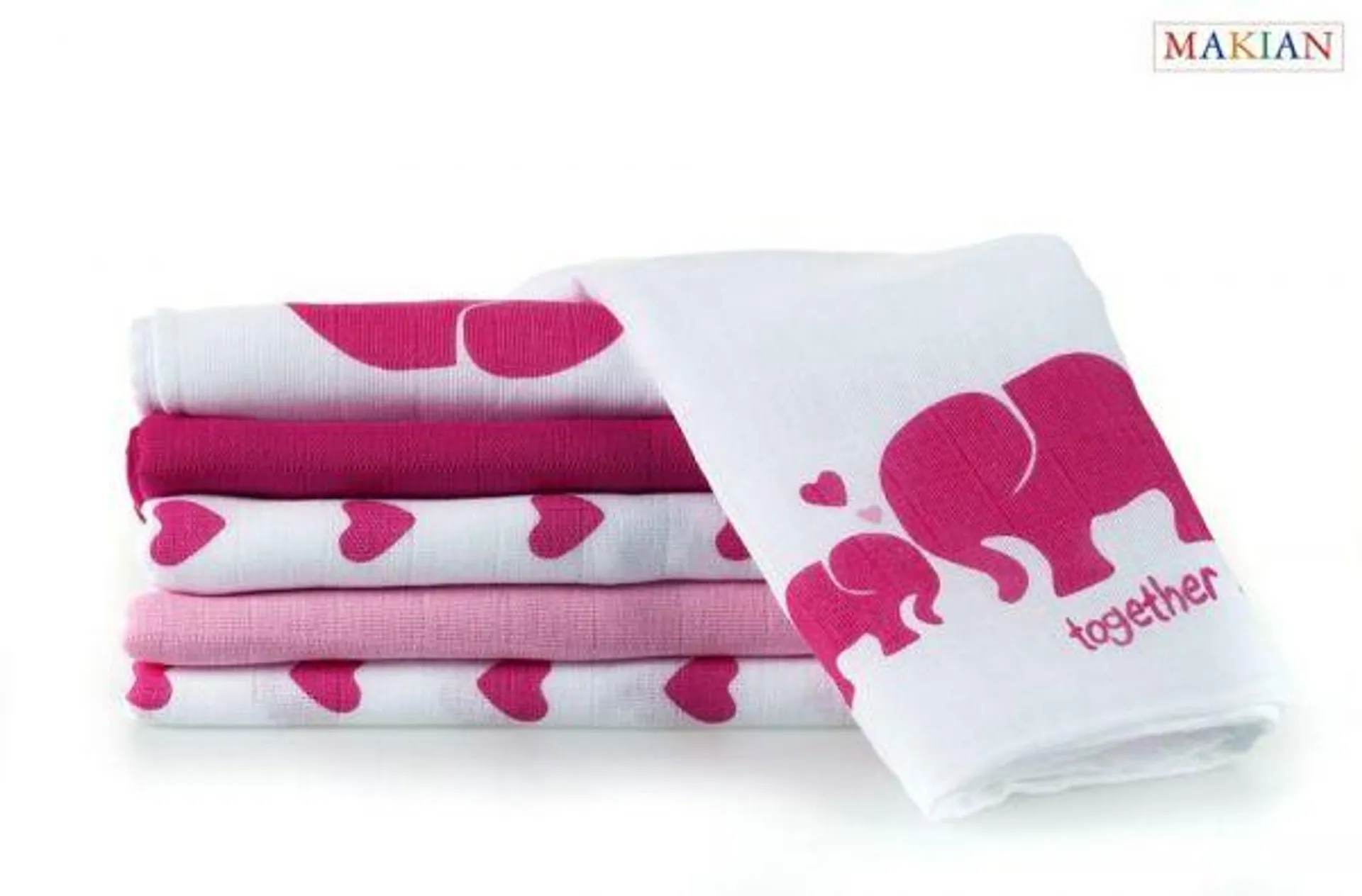 MAKIAN Mullwindeln, 6er Set, Design Elefant/rosa, 80x80cm