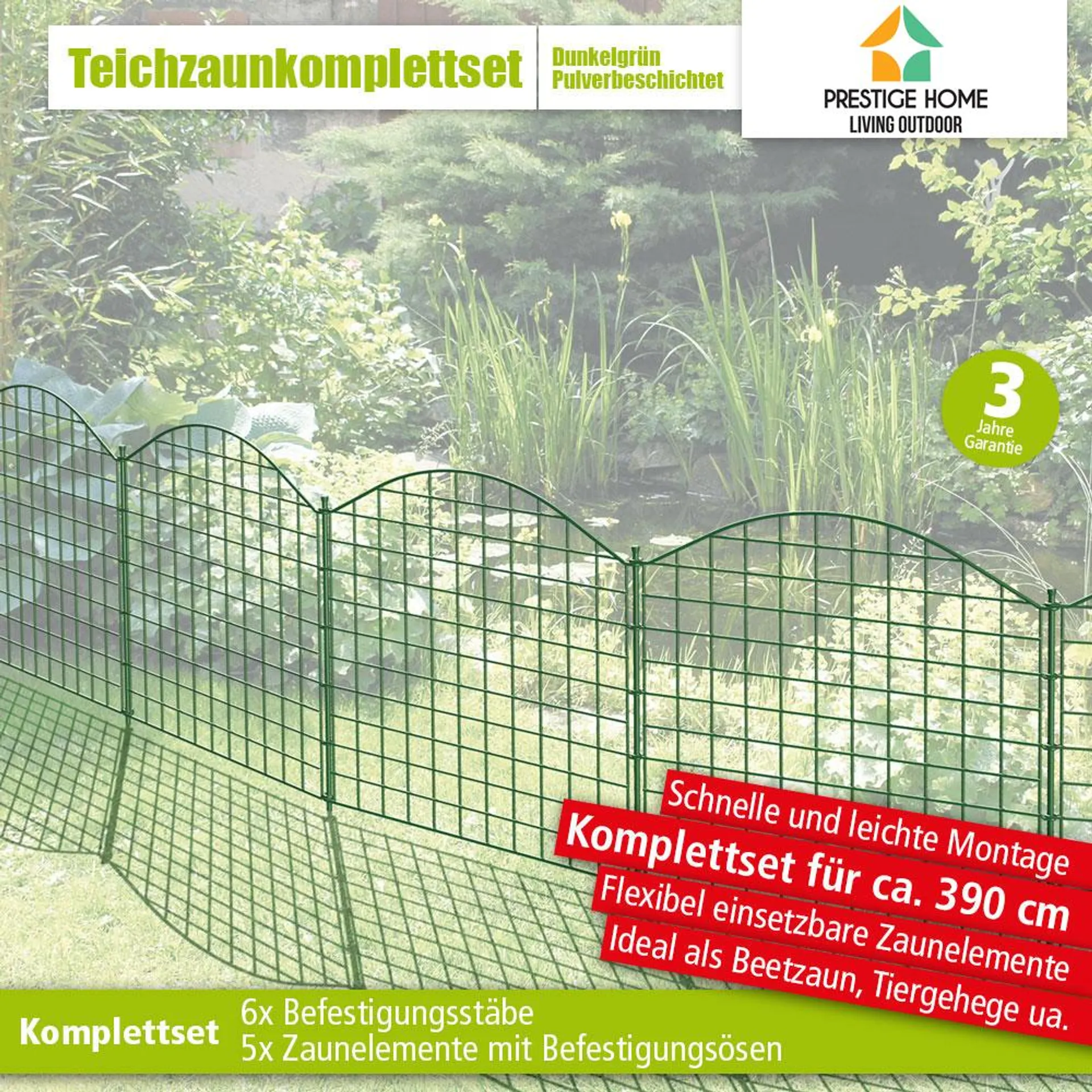 11tlg. Teichzaun Oberbogen, ca. 390 x 78,5 cm - Dunkelgrün