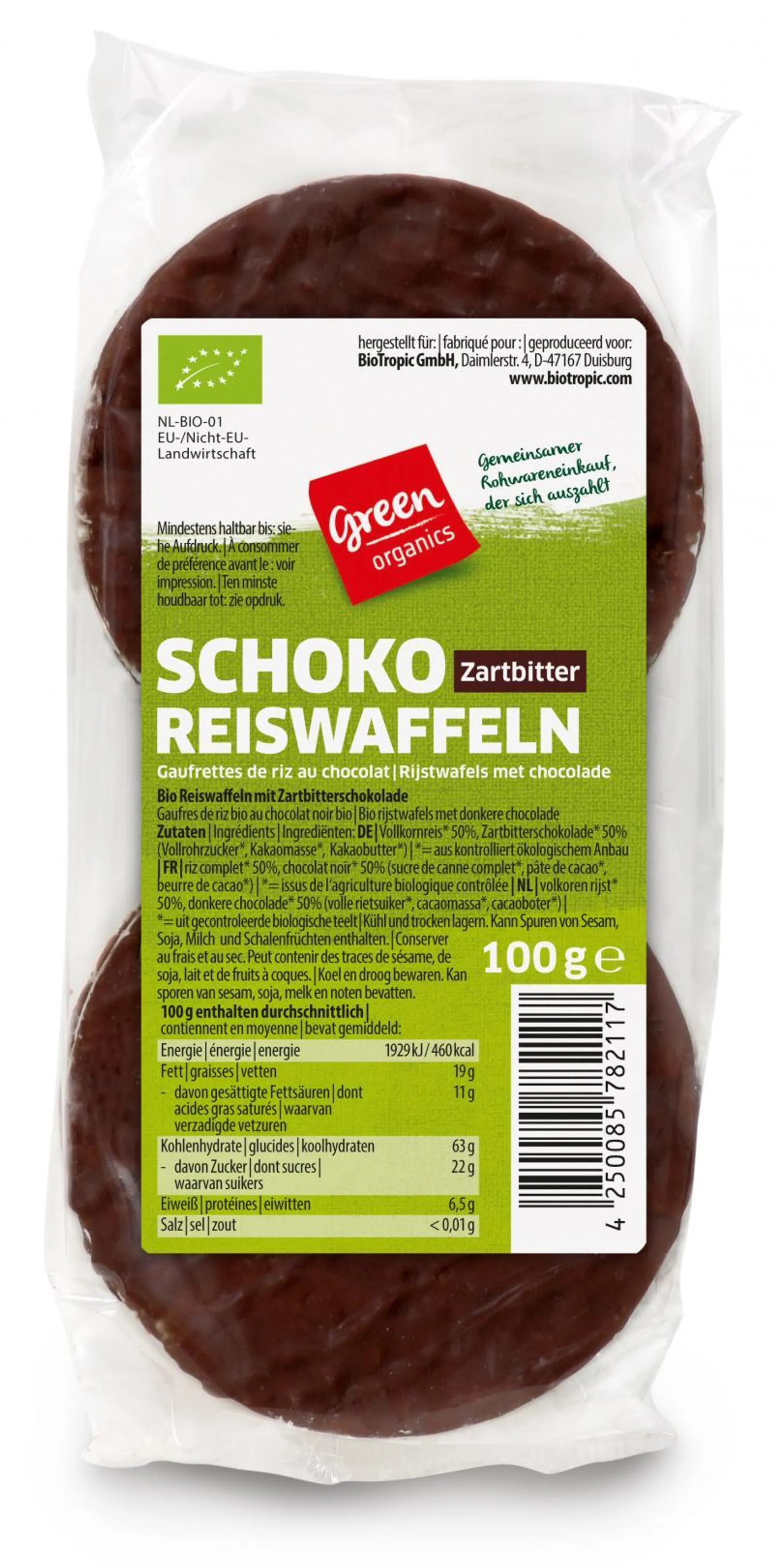 greenorganics Schokoreiswaffeln Zartbitter 100g