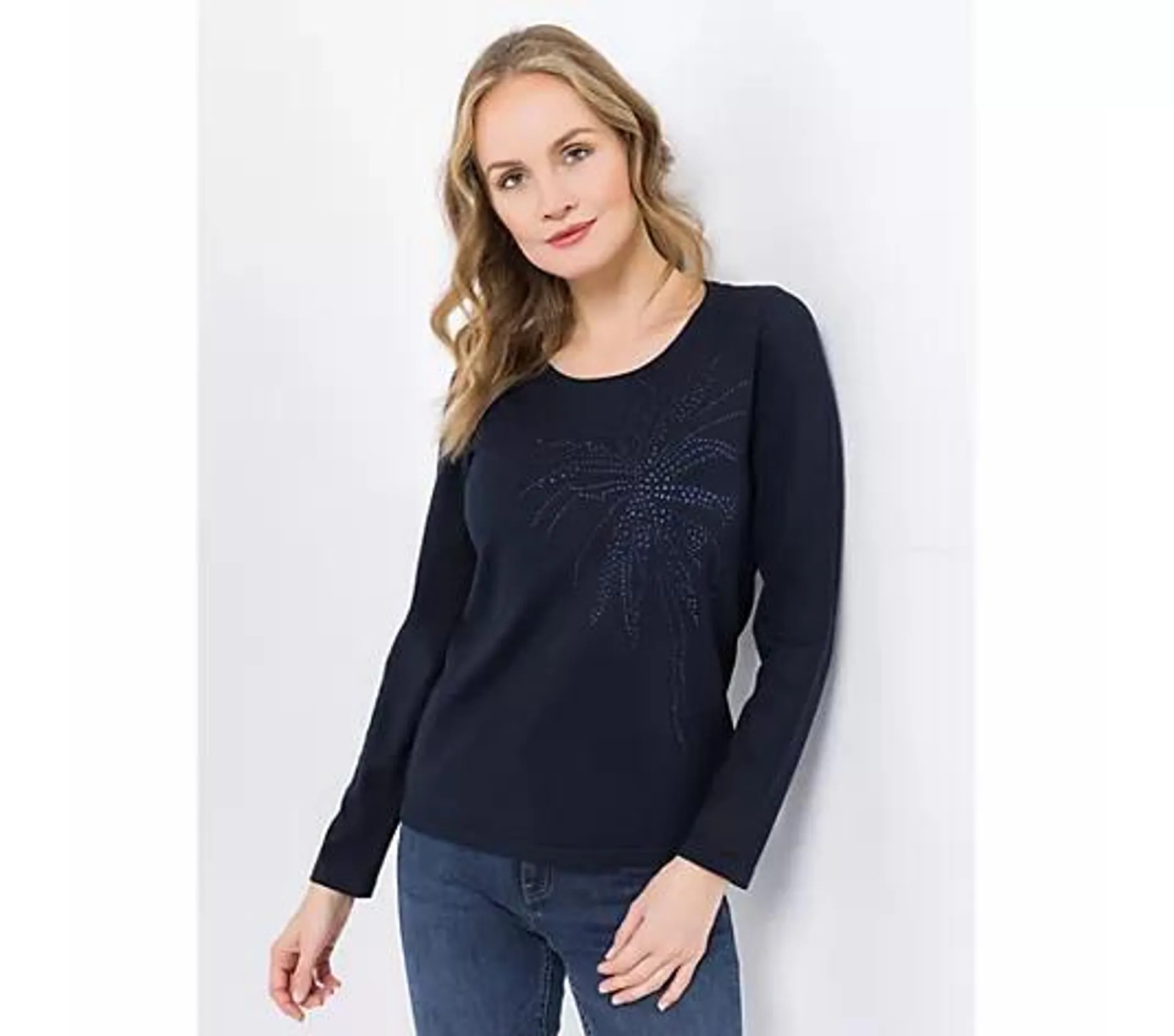 VIA MILANO Pullover, 1/1-Arm Rundhalsausschnitt Strass-Details figurumspielend