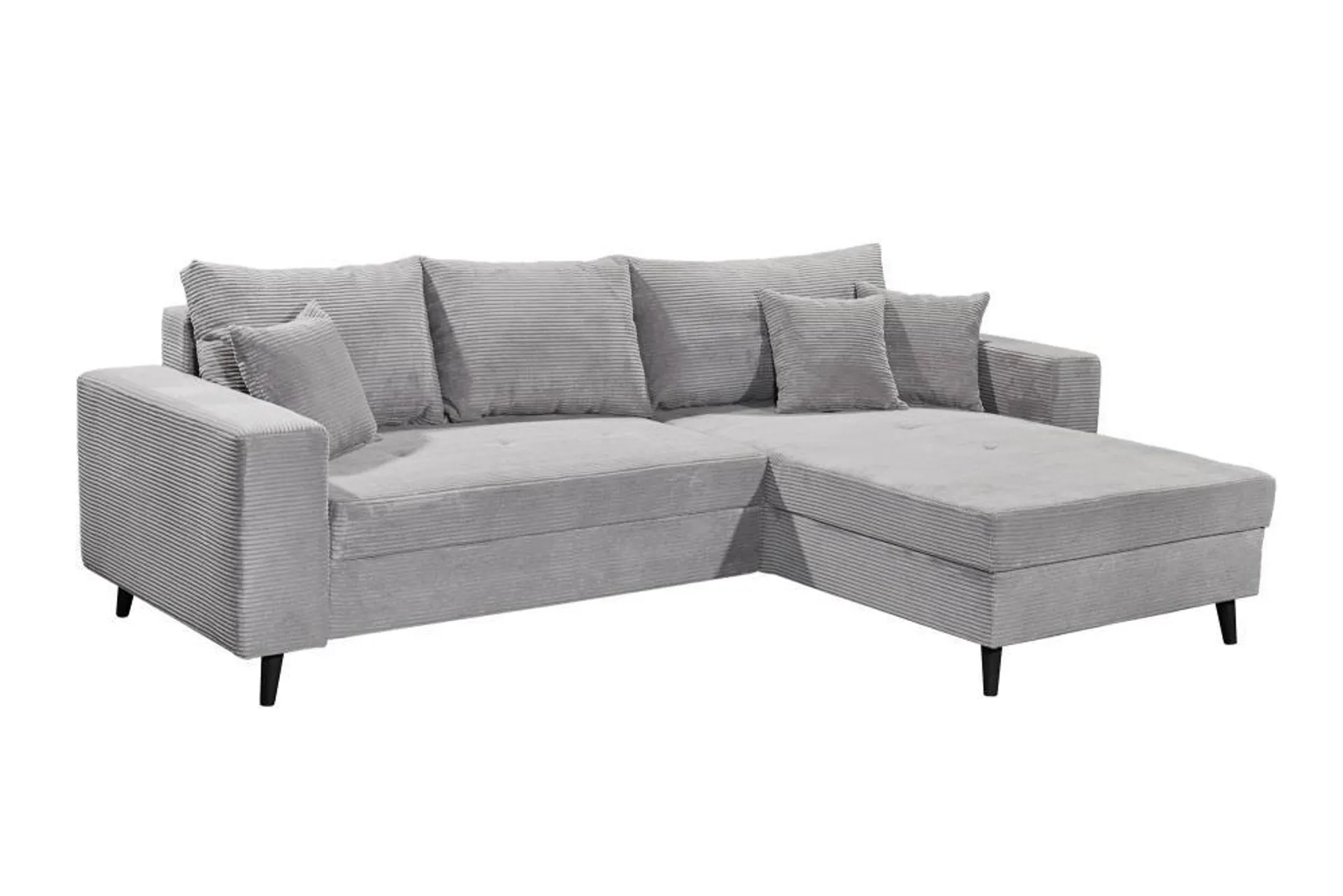 Cordsofa L-Form Grau 282 x 186 cm mit Schlaffunktion und Bettkasten LARINA beidseitig montierbar